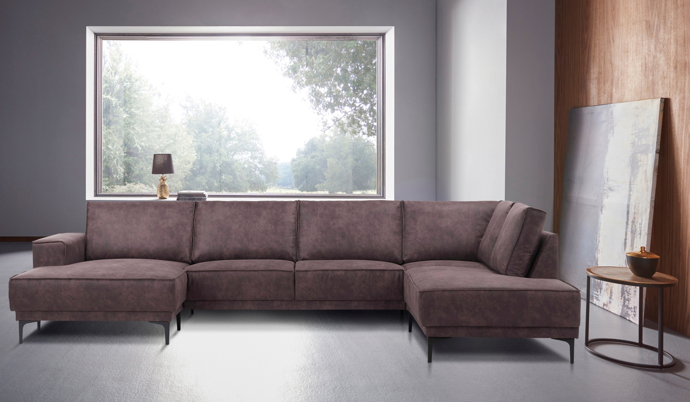Places of Style Wohnlandschaft »XXL Sofa Oland, Struktur, Flachgewebe, Luxus-Microfaser, Boucle«, U-Form, 345 cm, Wellenunterfederung, Skandi-Design, Metallfüsse