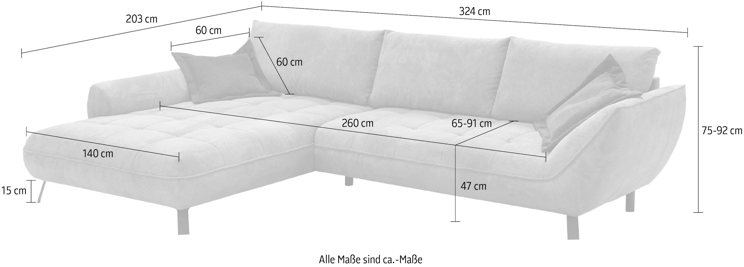 exxpo - sofa fashion Ecksofa »Biarritz modern und elegantes Mega Sofa mit tollem Sitzkomfort, L-Form«, XXL– Longchair Ecke in hochwertiger Verarbeitung, Stellmasse 324x203cm