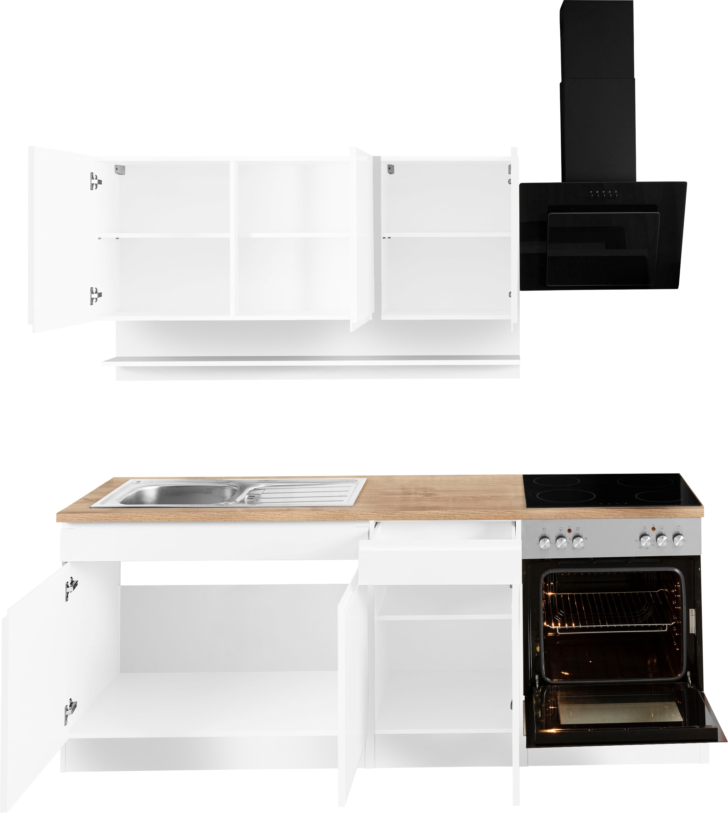 KOCHSTATION Küchenzeile »KS-Virginia,neu in verbesserter Ausführung« Arbeitsplatte 38 mm stark, Stauraum, Softclose,  Breite 210 cm,Soft-Close,wahlweise mit E-Geräten