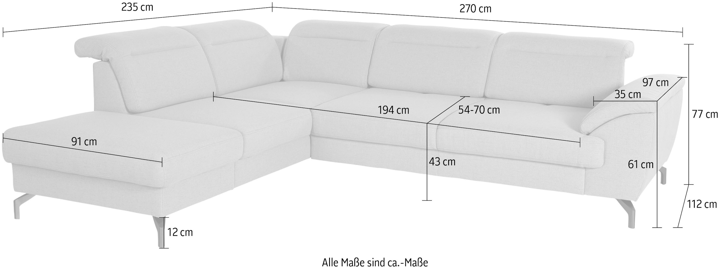 sit&more Ecksofa »Percy L-Form«, 12 cm Fusshöhe, Sitztiefenverstellung, wahlweise in 2 Fussfarben