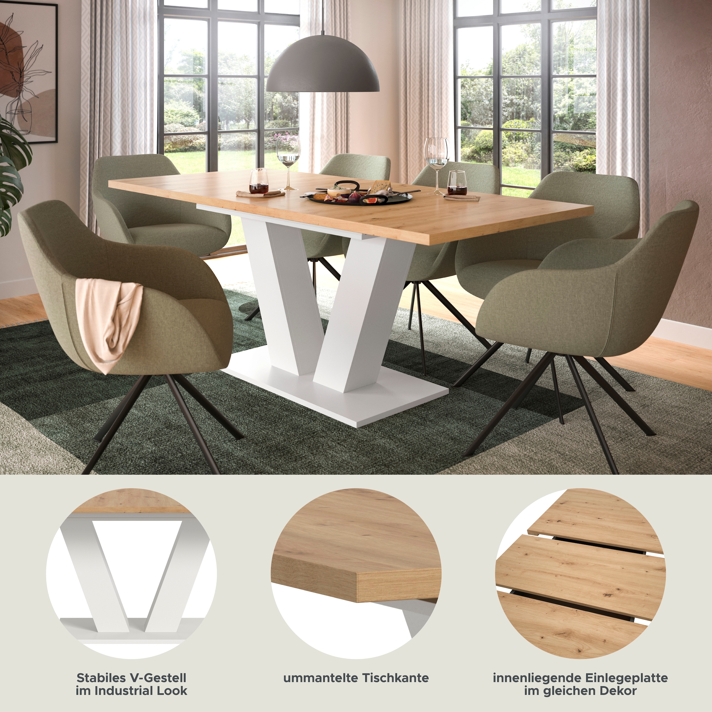 Home affaire Esstisch »Motus, ausziehbar 150 -190 cm, inklusive 40 cm Einlegeplatte« Set, 1 Stk. tlg. V-Gestell mit Bodenplatte, Tisch, Küchentisch, Esszimmer, Küche