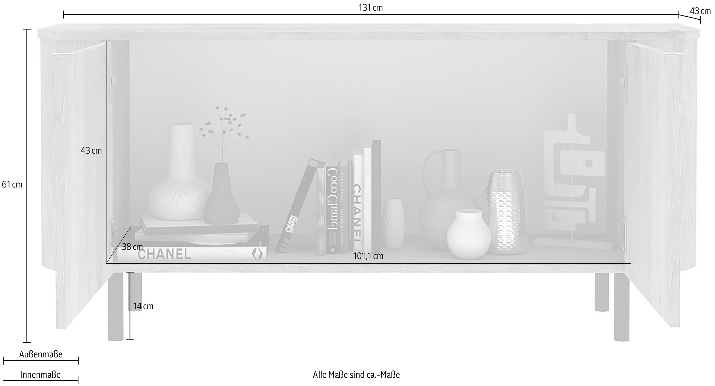 Home affaire Lowboard »Murano, 131 cm breit, 2 Türen, TV-Schrank, TV-Kommode, Medienboard« Formgebogenes MDF, Stirnseiten mit Rundung, Füsse und Griffe aus Metall