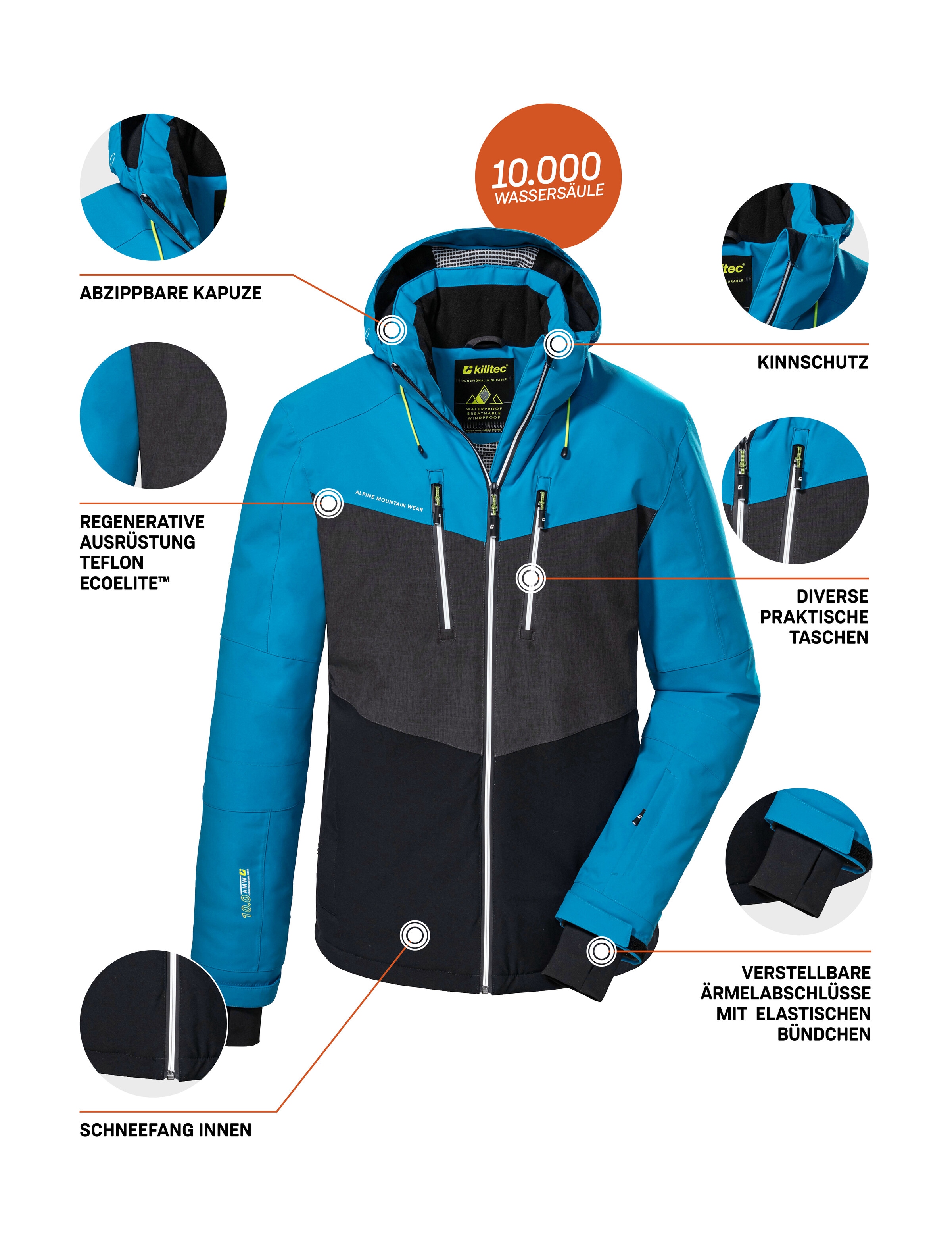 Killtec Veste de ski »KSW 45 MN SKI JCKT« Trendige, wasserdichte Skijacke mit abnehmbarer Kapuze und Schneefang