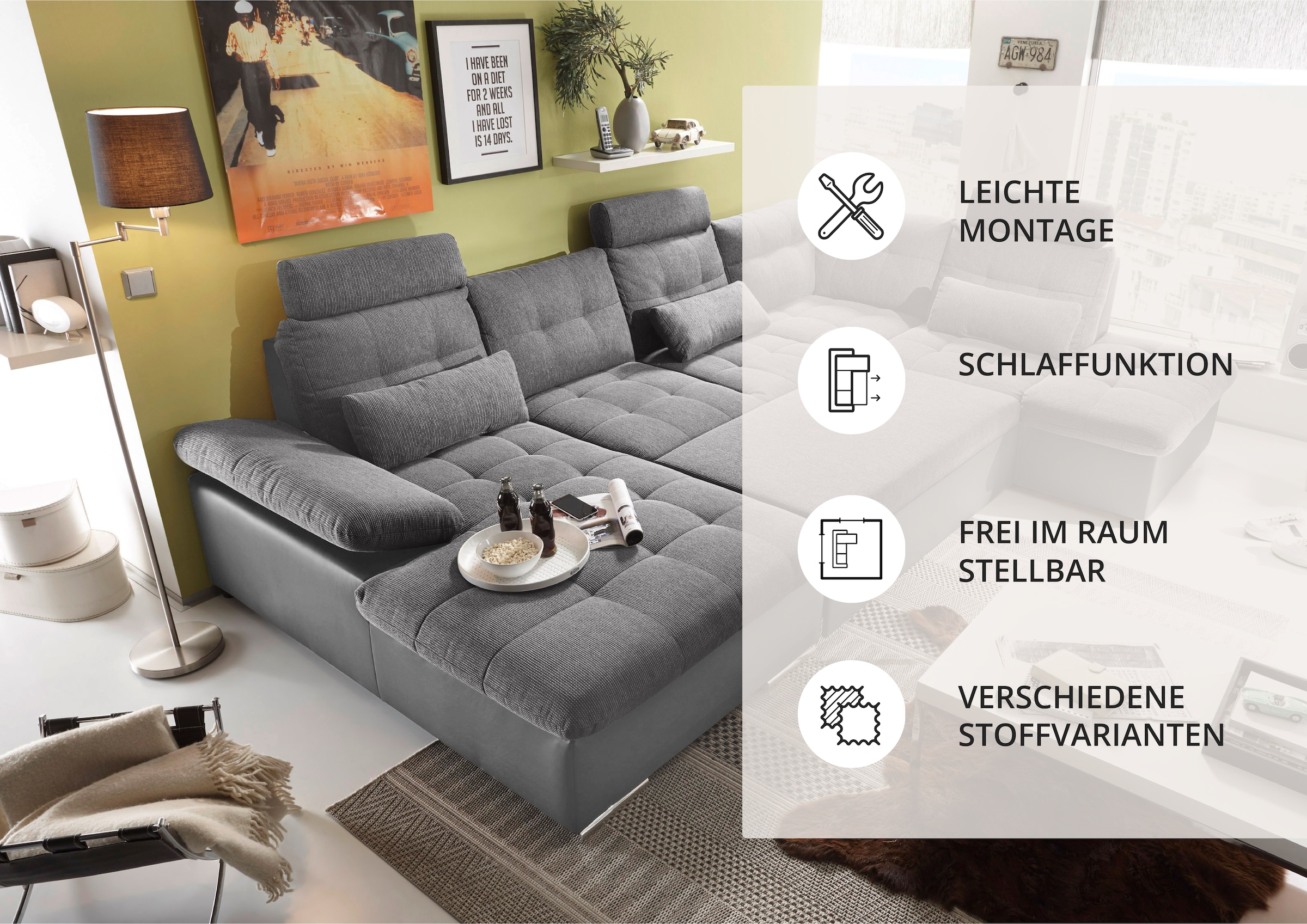 ED EXCITING DESIGN Paysage de salon »Jakarta U-Form mit Bettfunktion, Bettkasten« Armteilverstellung, Kopfstützen & 3 Nierenkissen