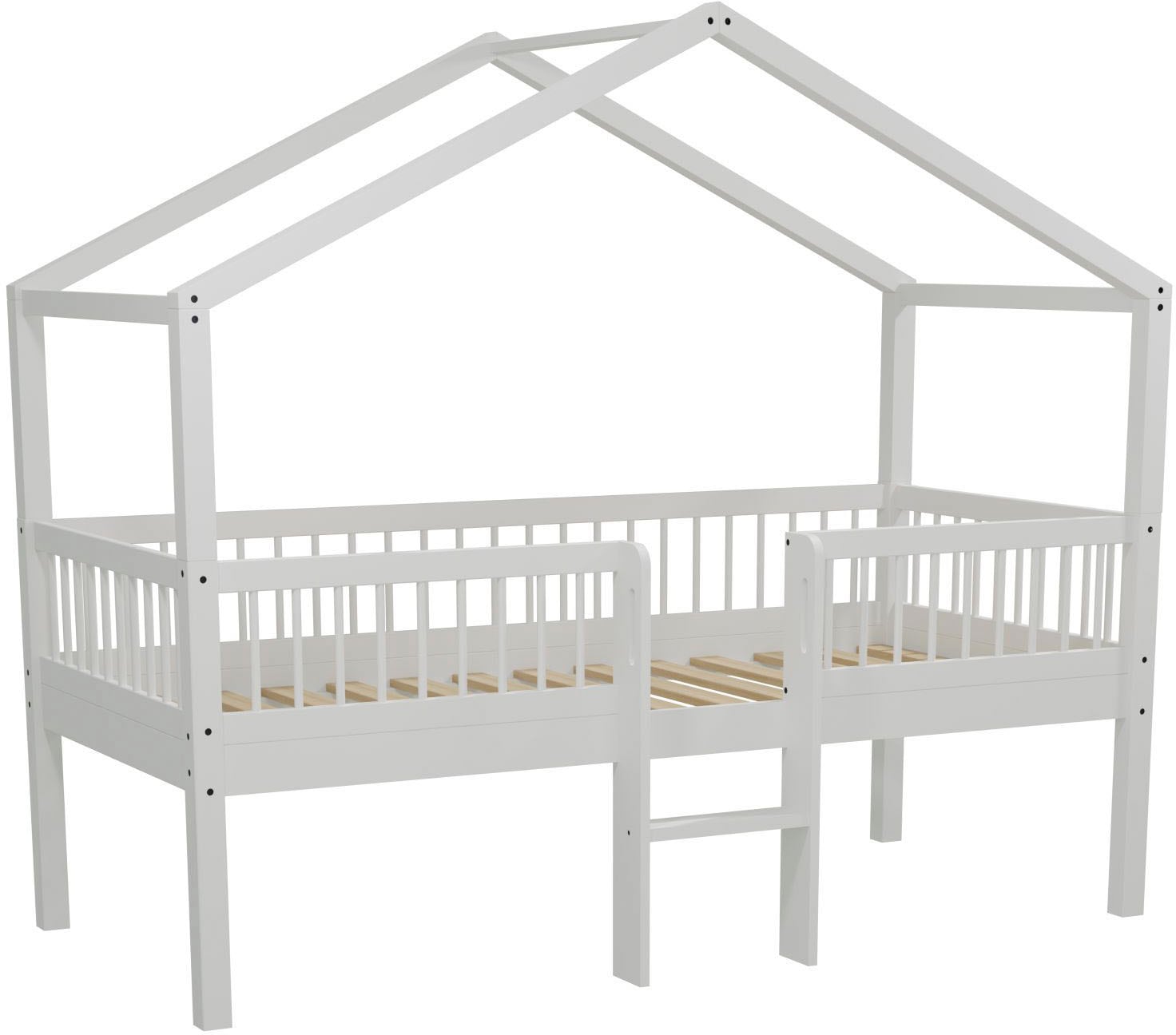 Image of Vipack Hausbett "Forrest ist ein hochwertiges Massivholz Haus Bett "Made in Europe"" inkl. Rolllattenrost, Dachaufbau, Absturzschutz und Leiter, wahlweise aus massiver Eiche geölt oder Buche massiv weiss lackiert