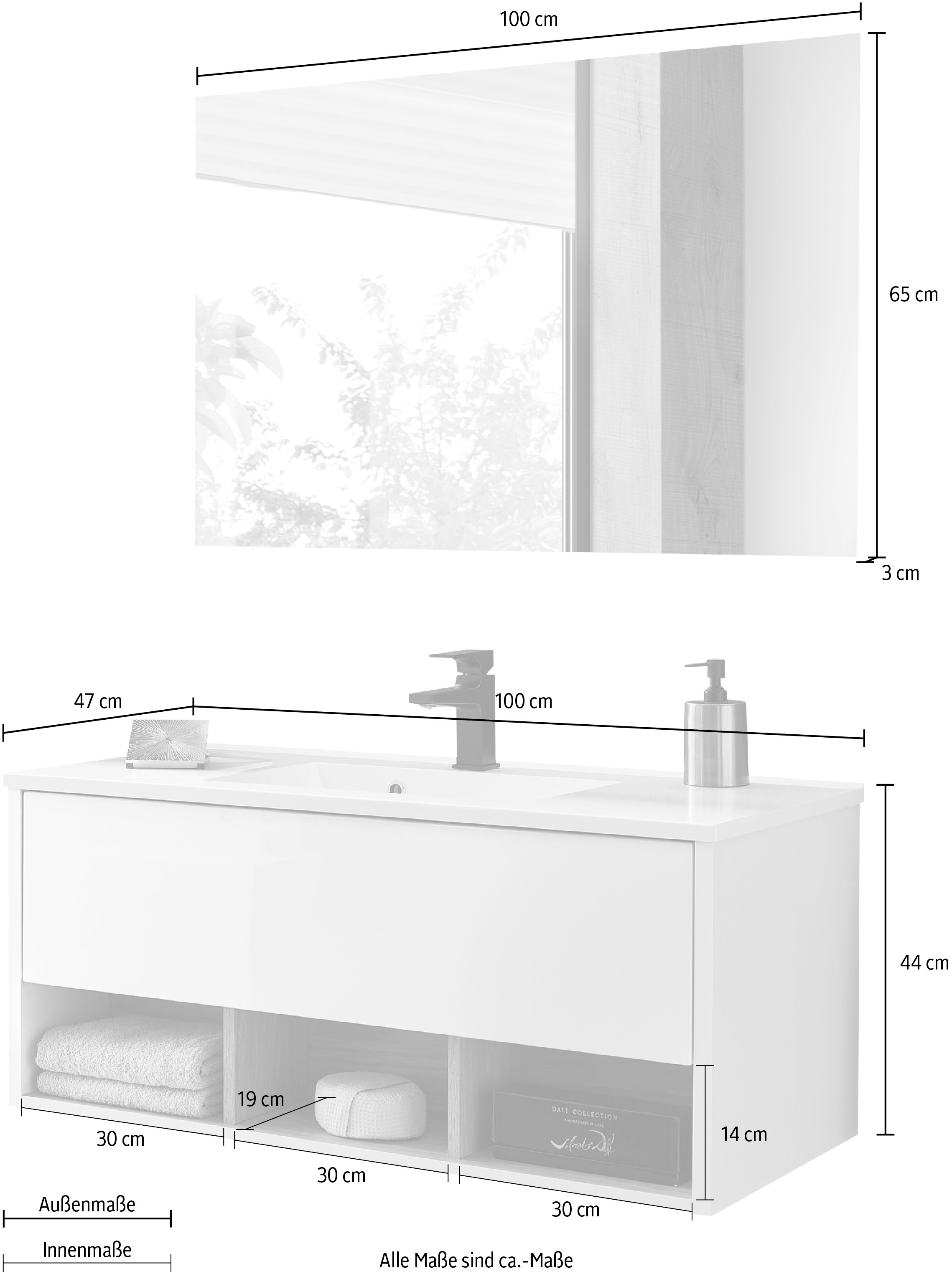 PLACES OF STYLE Badmöbel-Set »Studio Line, Bad im modernen Design, 2-teiliges Badezimmer« in 2 Farben und 2 Spiegelformen lieferbar, 2 Stk. tlg.