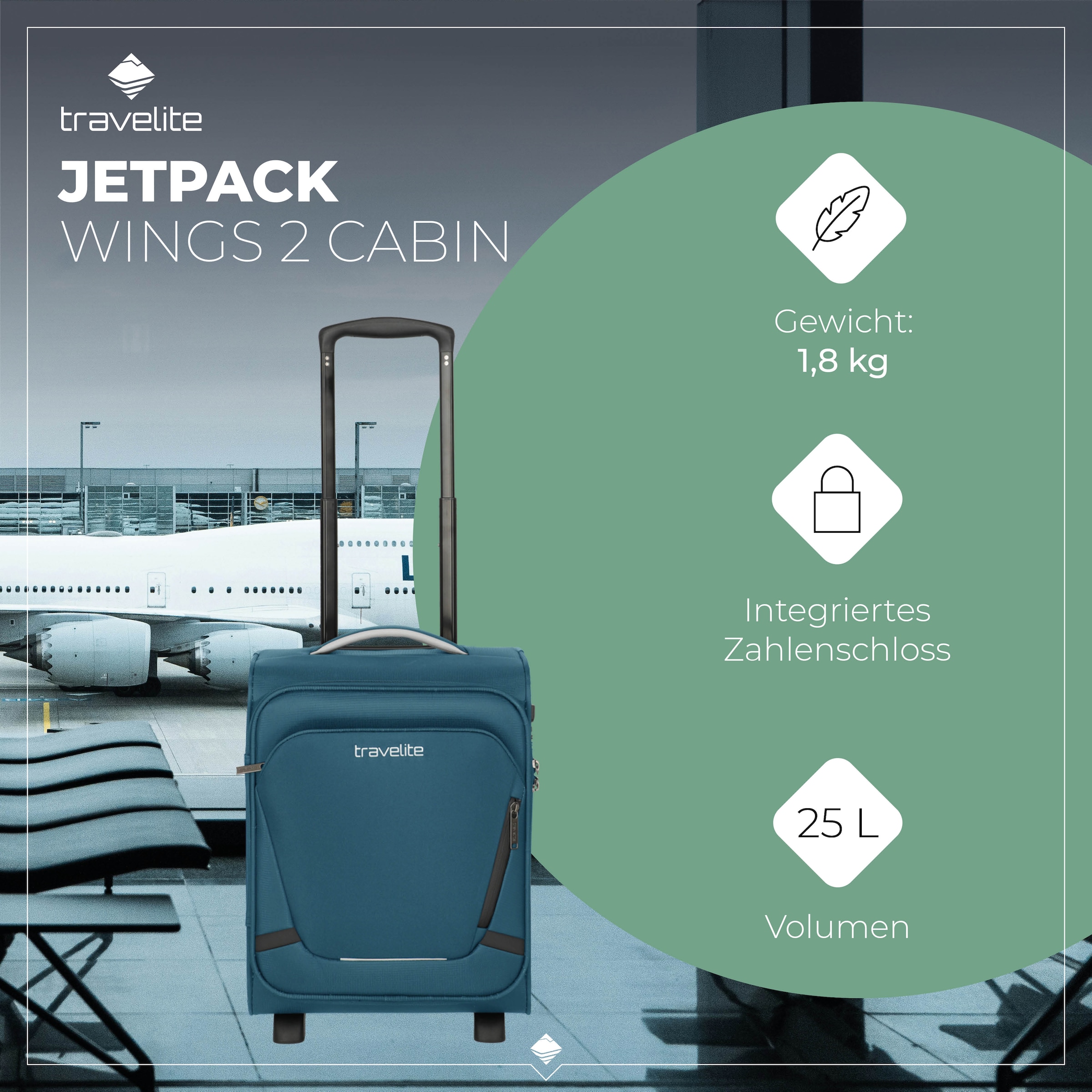 travelite Trolley pour bagages à main »JETPACK Wings 2 Cabin Handgepäck Koffer« 25 litre 2 Rollen bagage souple, compatible Eurowings et de nombreuses compagnies aériennes courantes