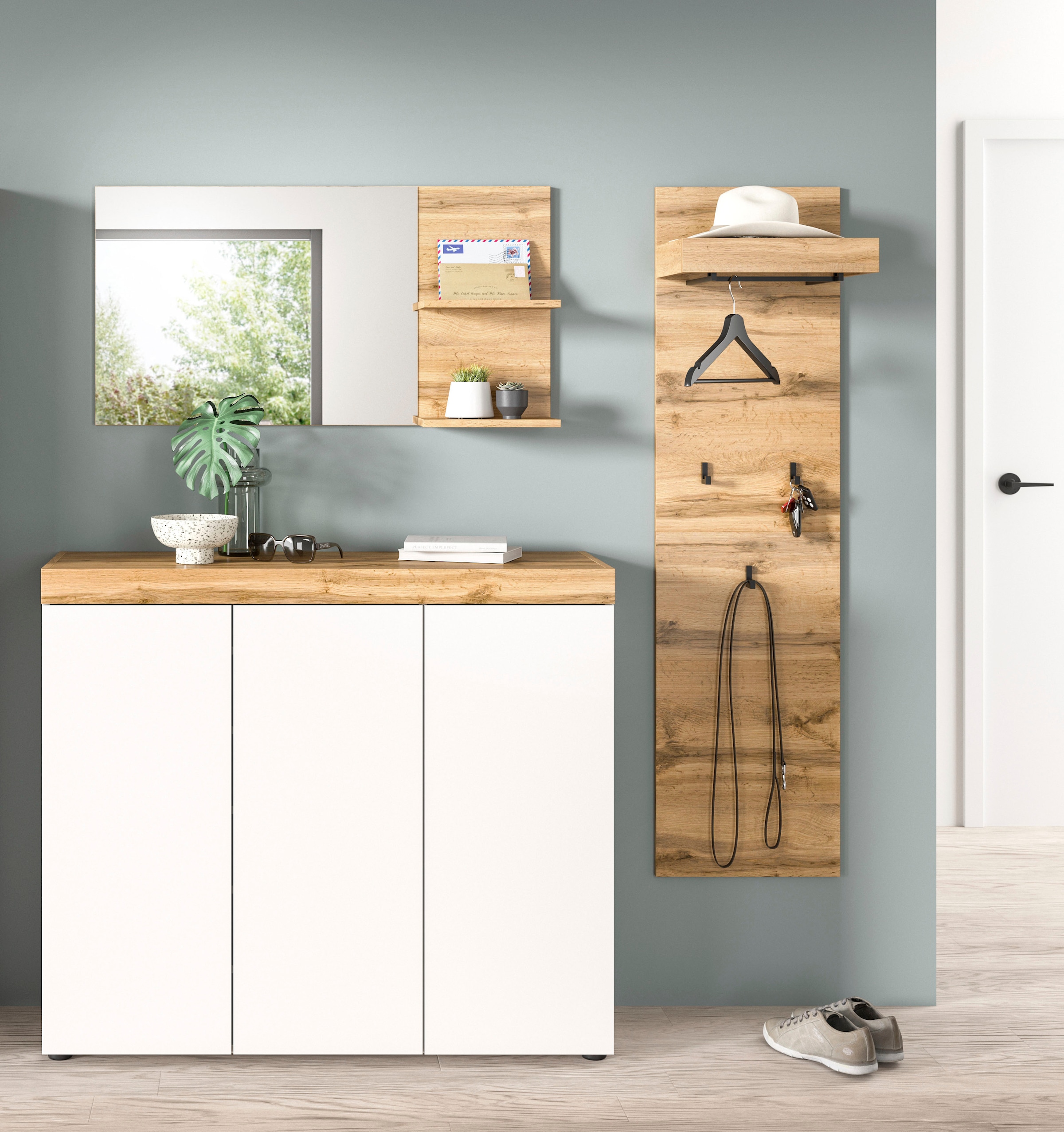 GOODproduct Ensemble de vestiaires »MAMBO, TOPSELLER!, 3-teilige Kombination, stehend & hängend montierbar« bestehend aus: Kommode, Spiegel, Garderobenpaneel, 3 cuis tlg.