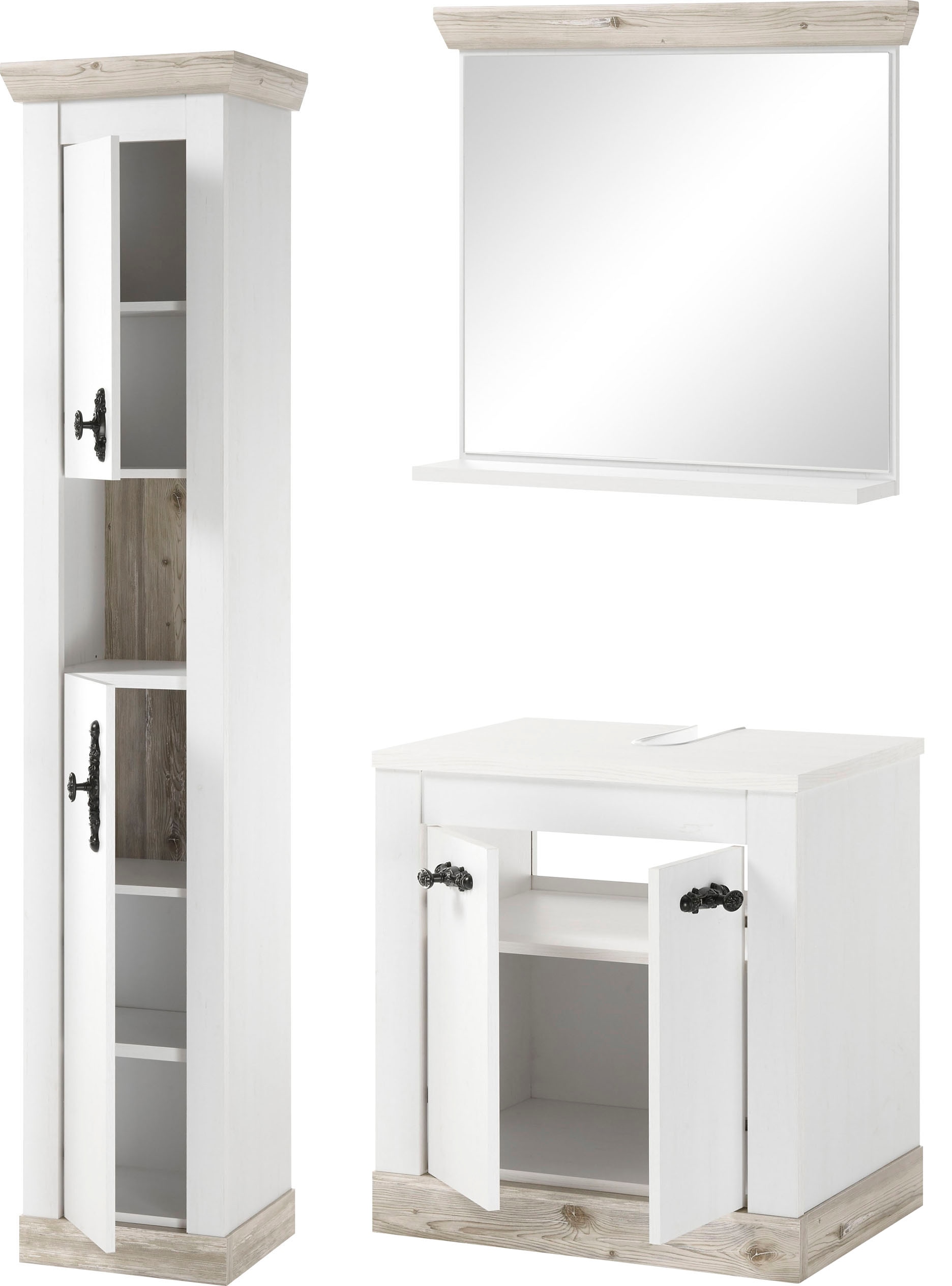 Home affaire Badmöbel-Set »Florenz, Bad im Landhausstil, 3-teiliges Badezimmer«, (3 St.), Waschbeckenunterschrank, Schrank und Spiegel, in Pinie Weiss, Stauraum