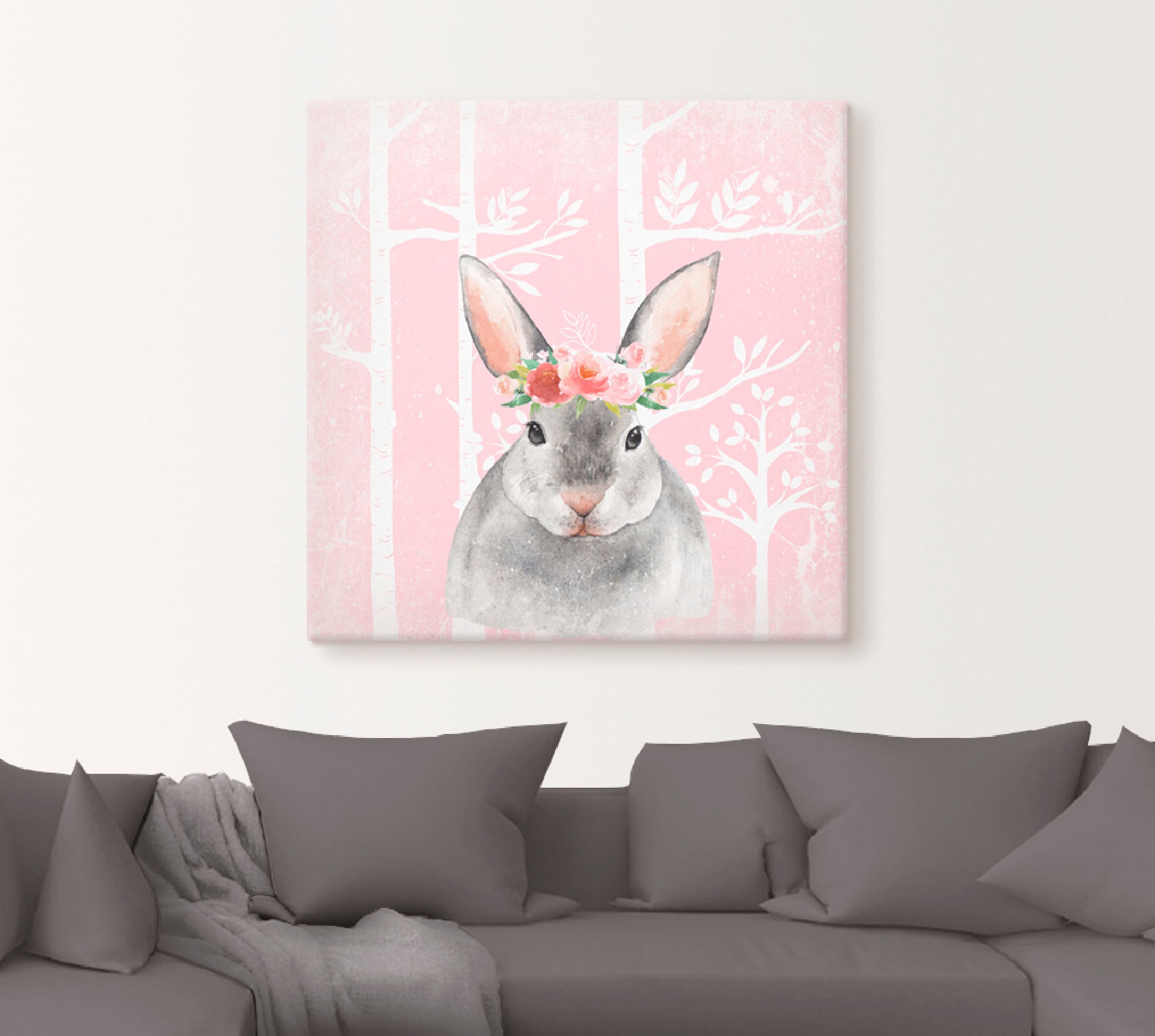 Artland Tableau sur toile »Hase mit Blumen im pink Wald« Animaux 1 cuis tlg. auf Holzrahmen gespannt