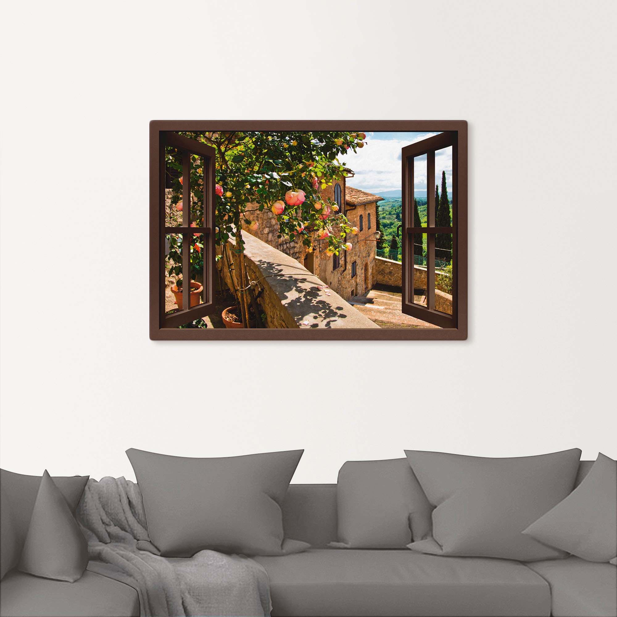 Artland Wandbild »Fensterblick Rosen St.), Leinwandbild, Grössen oder Garten, Wandaufkleber Poster auf Toskana«, Balkon versch. (1 kaufen Alubild, in als