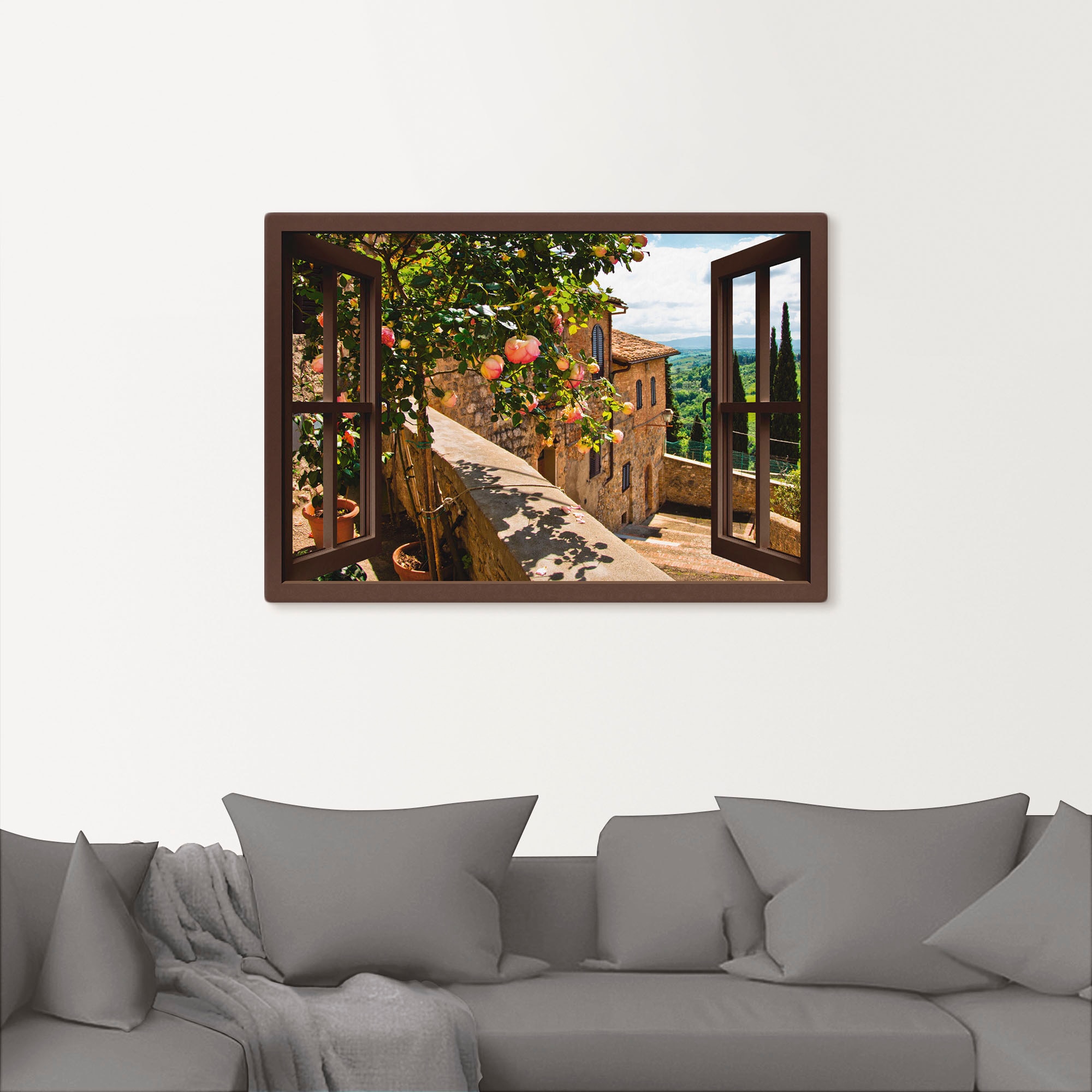 Image of Artland Wandbild "Fensterblick Rosen auf Balkon Toskana" Garten 1 Stk. tlg. als Leinwandbild, Poster in verschied. Grössen