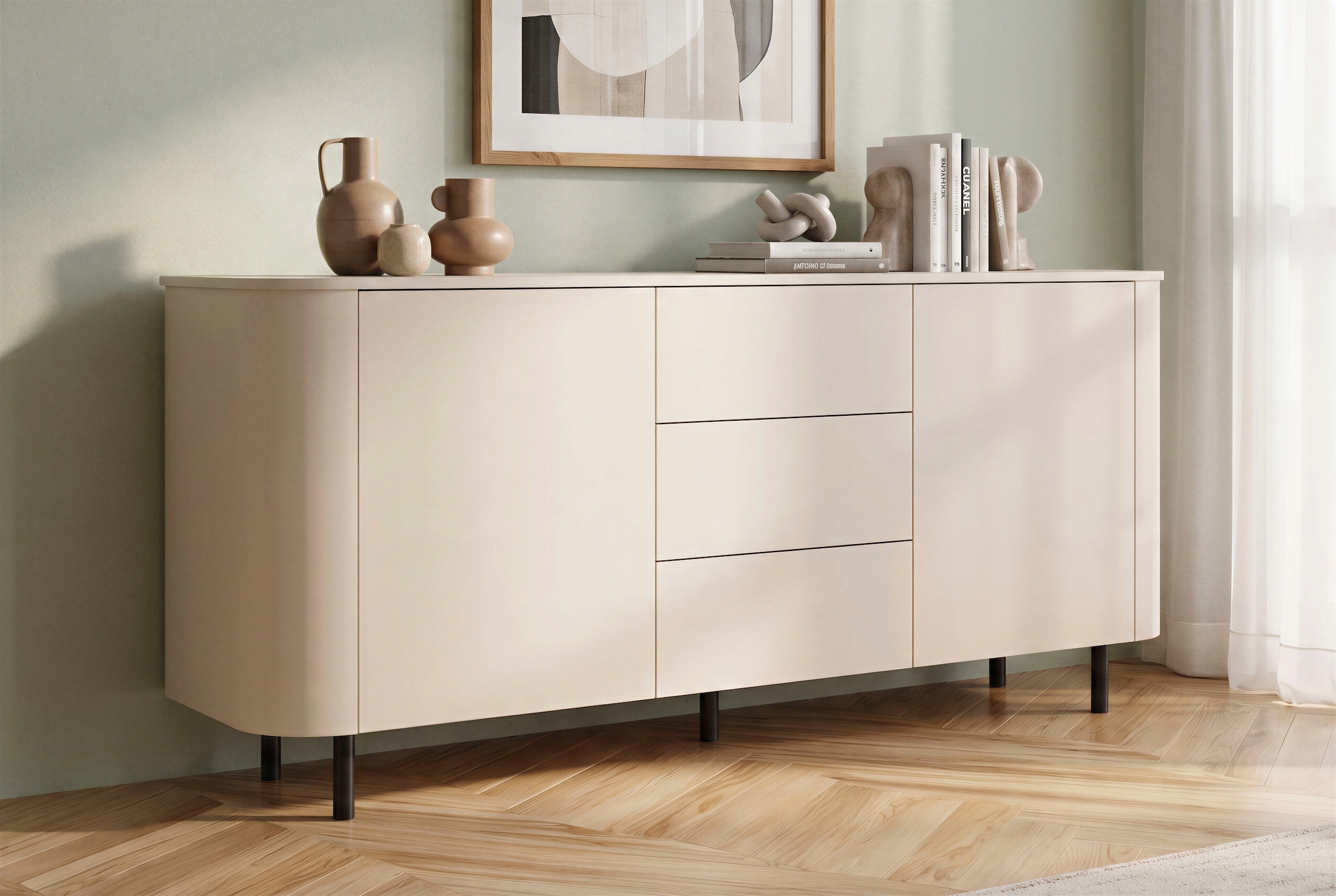 Image of GOODproduct Sideboard "Lido, 181 cm breit, 2 Türen, 3 Schubkästen, Kommode, Stauraumschrank" Formgebogenes MDF, Stirnseiten mit Rundung, Push-to-open, Metallfüsse