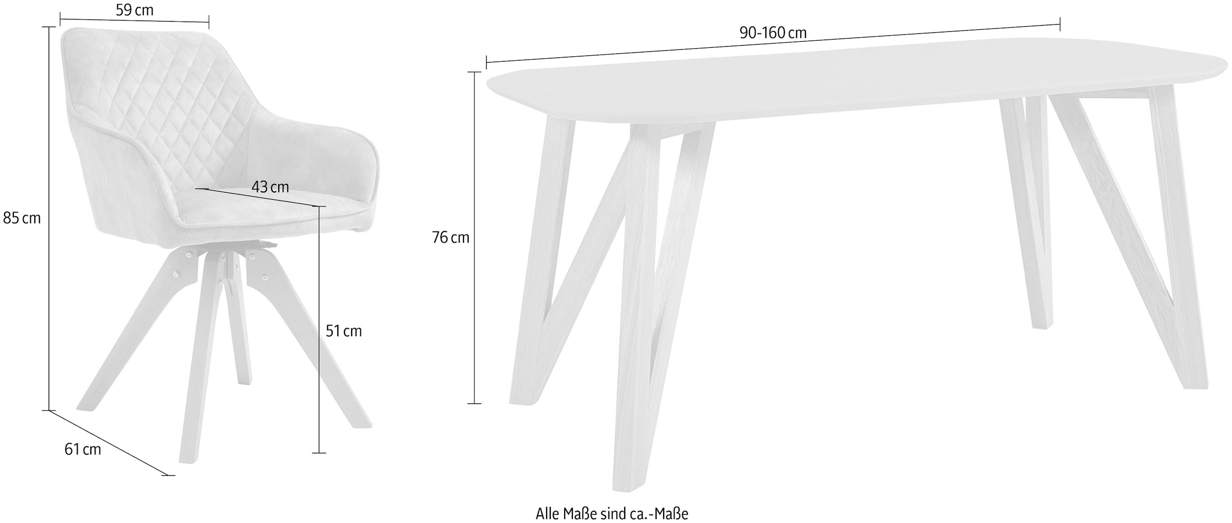 SalesFever Essgruppe, (5-tlg.), Tischbreite 160 180° Samtverlours Stühle kaufen mit drehbar, cm