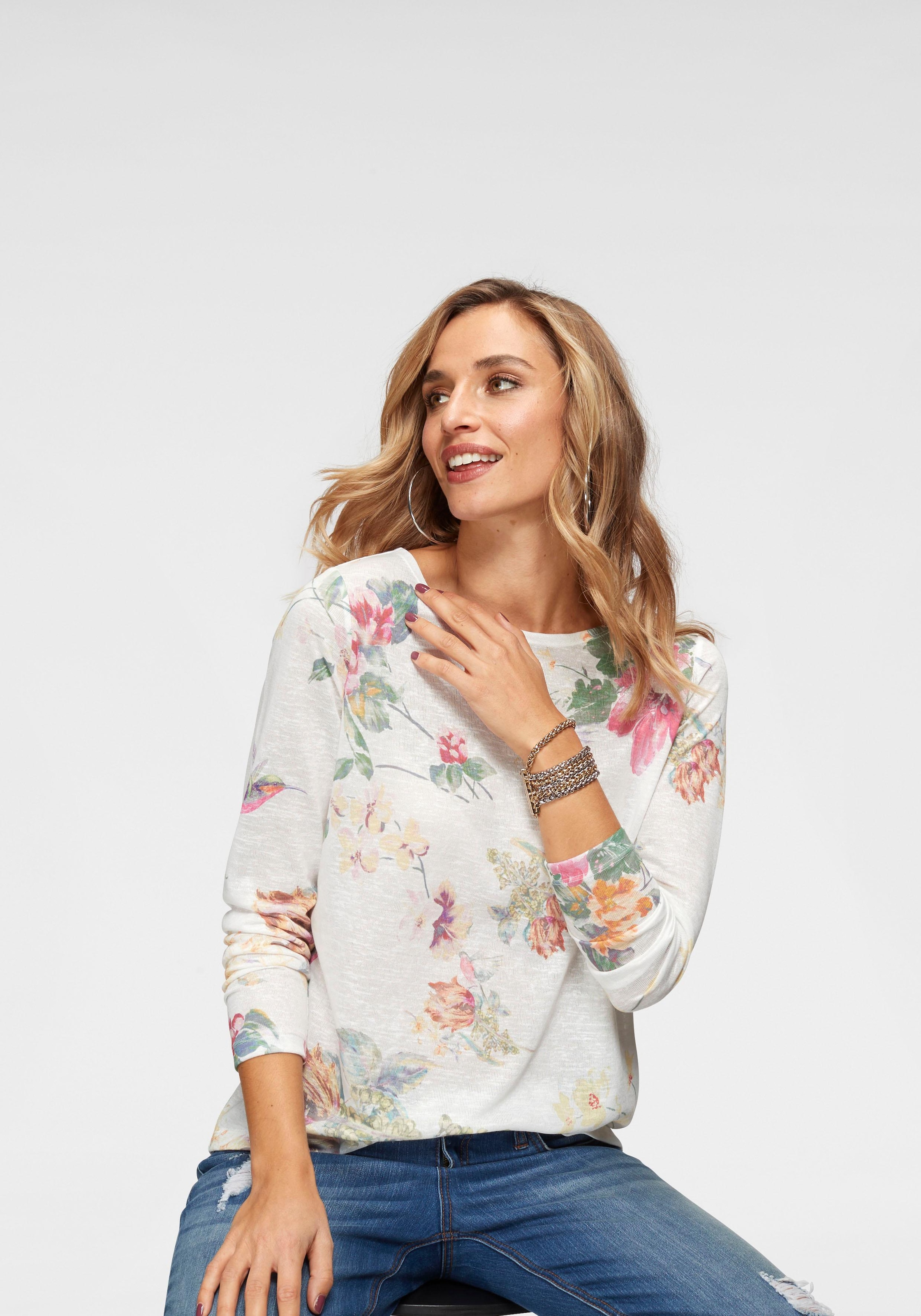 Aniston CASUAL Langarmshirt, mit grossflächigem Blumendruck und Vögeln