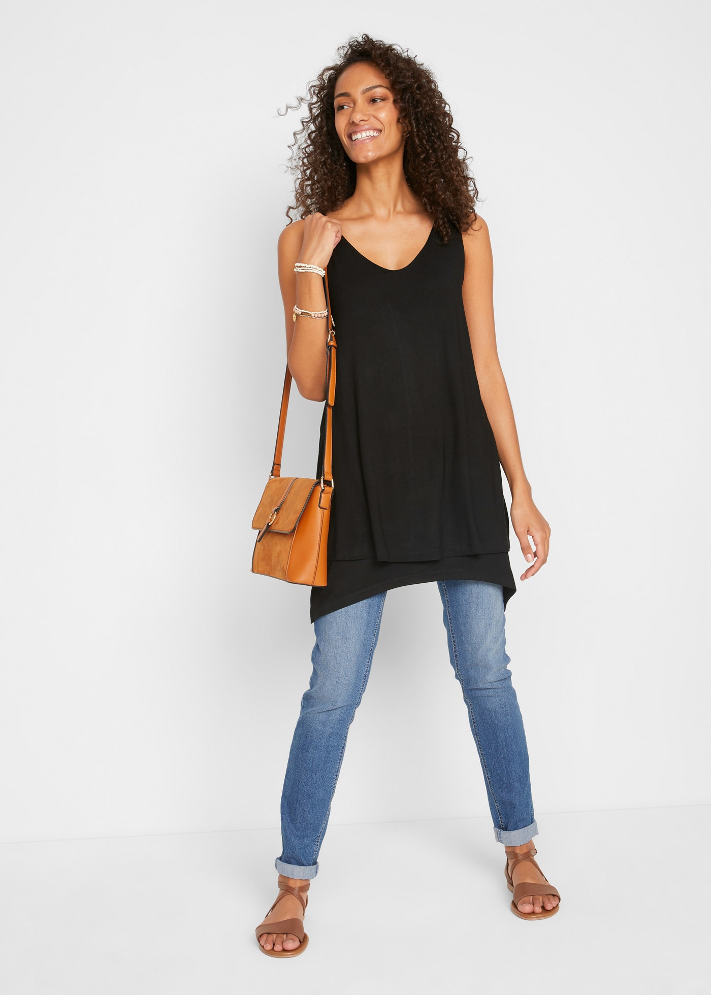 bonprix Top long »Doppellagiges Long-Top aus Viskose-Mix« A-Linie Passform, doppellagiges Design, mit V-Ausschnitt, ärmellos