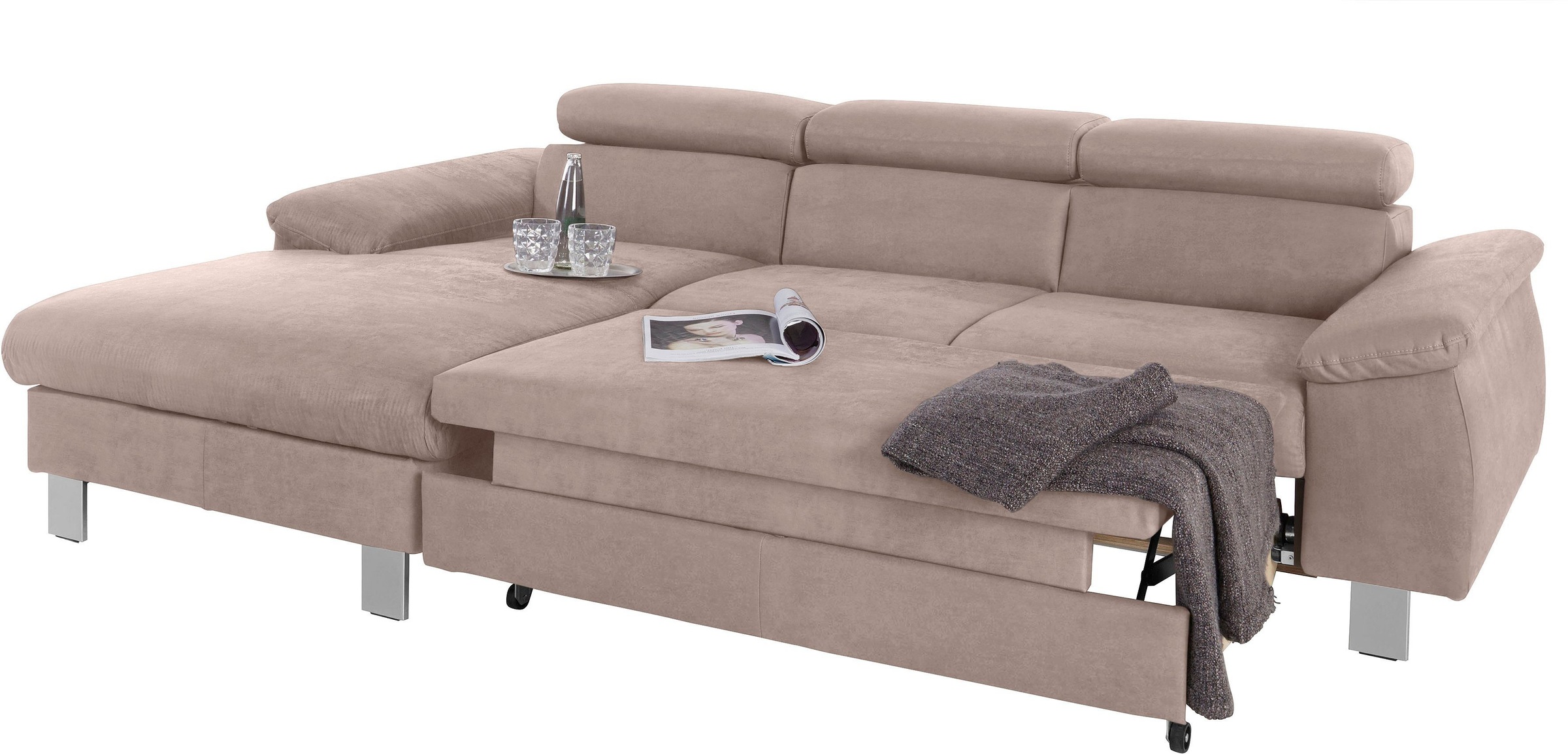 COTTA Polstergarnitur »Komaris L-Form, B: 242 bzw. 100 cm (Set: Ecksofa & Hocker)«, (Set), mit Kopfteilverstellung, optional Bettfunktion, Bettkasten & Licht