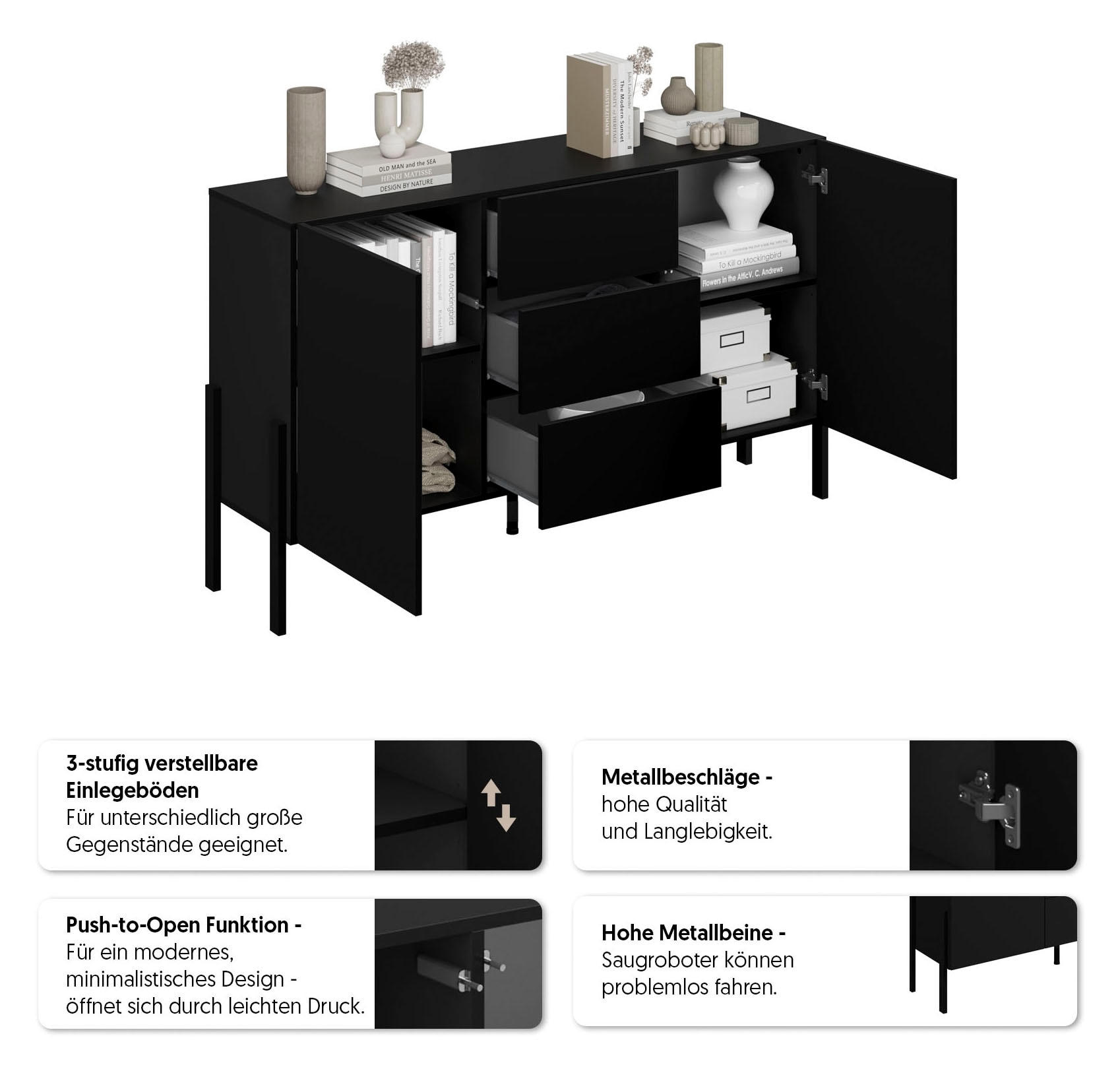 GOODproduct Buffet »Jukon, Breite 150 bzw.180 cm, moderne grifflose Kommode« Schubladenschrank 2 Türen/3 Schubkästen, push-to-open-Funktion