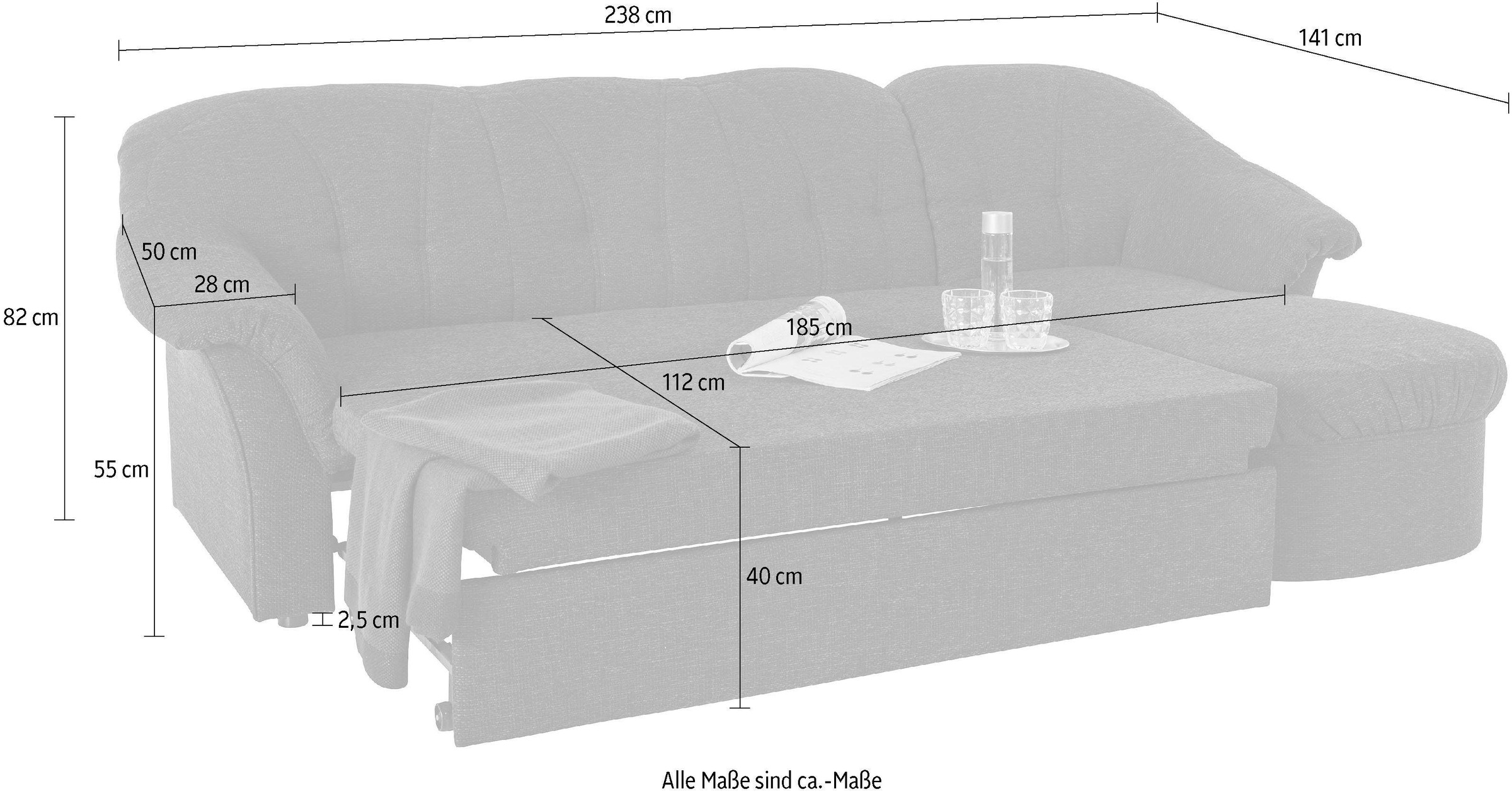 DOMO collection Ecksofa »Pegnitz, elegante Rückensteppung, kompakte Stellmasse 238/141cm, L-Form«, wahlweise mit Bettfunktion
