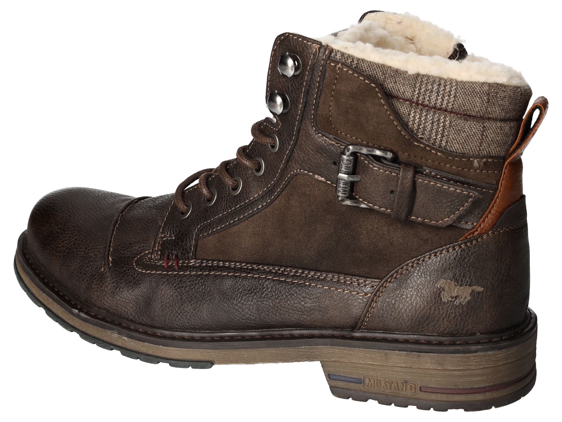 Mustang Shoes Winterboots, Blockabsatz, Winterstiefelette, Schnürboots mit kariertem Besatz