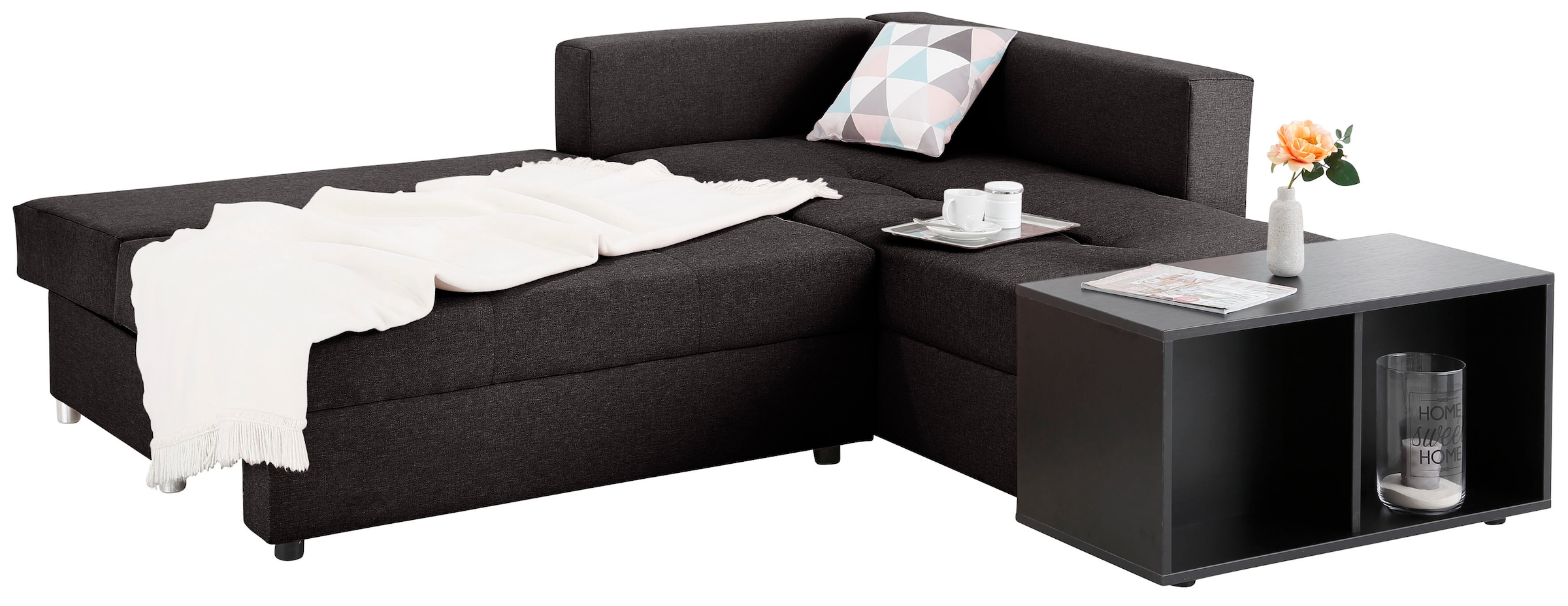 Home affaire Canapé d'angle »Italia L-Form, B: 217 cm« Fonction couchage, coffre de lit et 1 coussin décoratif, ressorts ensachés