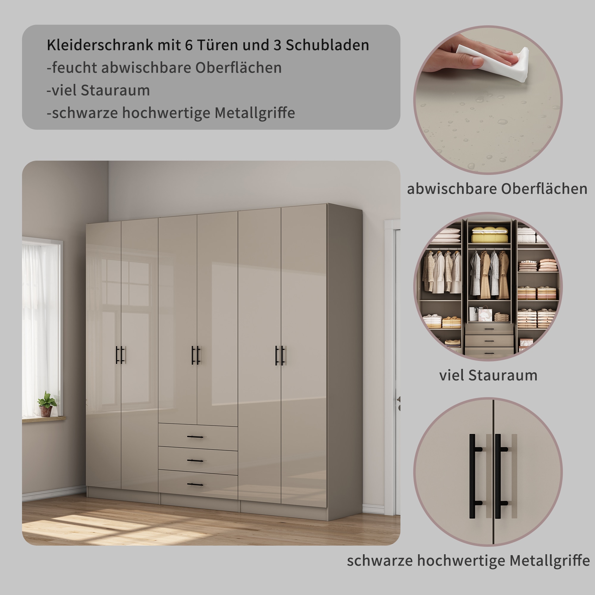 GOODproduct Kleiderschrank »Trento Schlafzimmerschrank Garderobe hochglanz« in 2 unterschiedlichen Schrankhöhen wählbar,  Schrank mit 6 Türen und 3 Schubladen, hochglanz Fronten, Höhe 2,39m