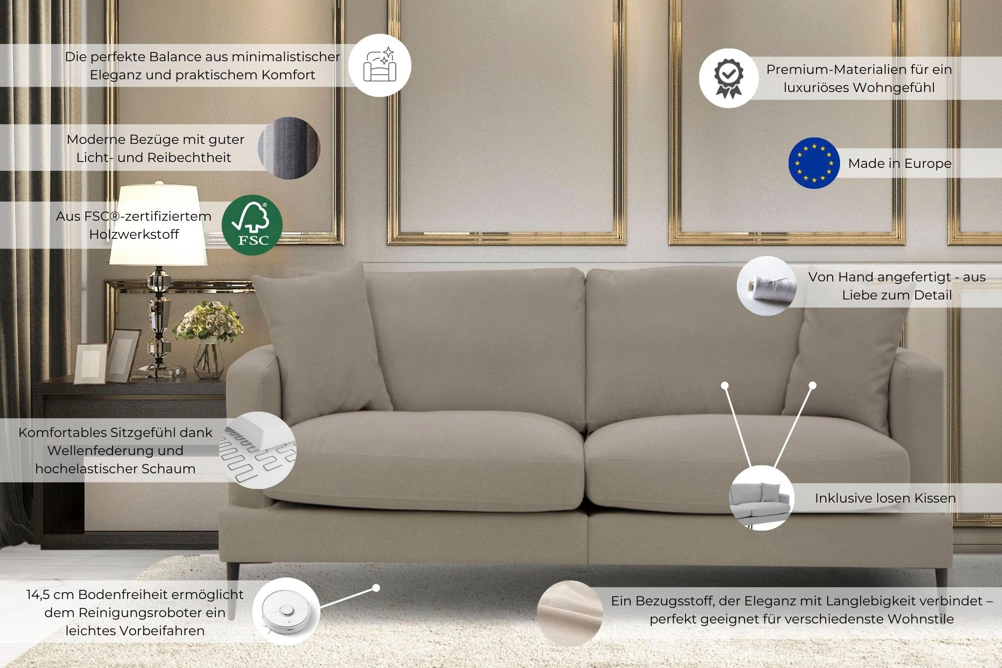 Leonique 2-Sitzer »Cozy elegantes Designsofa, Masse B/T/H: 151/97/80 cm«, mit losen Kissen und Metallbeinen