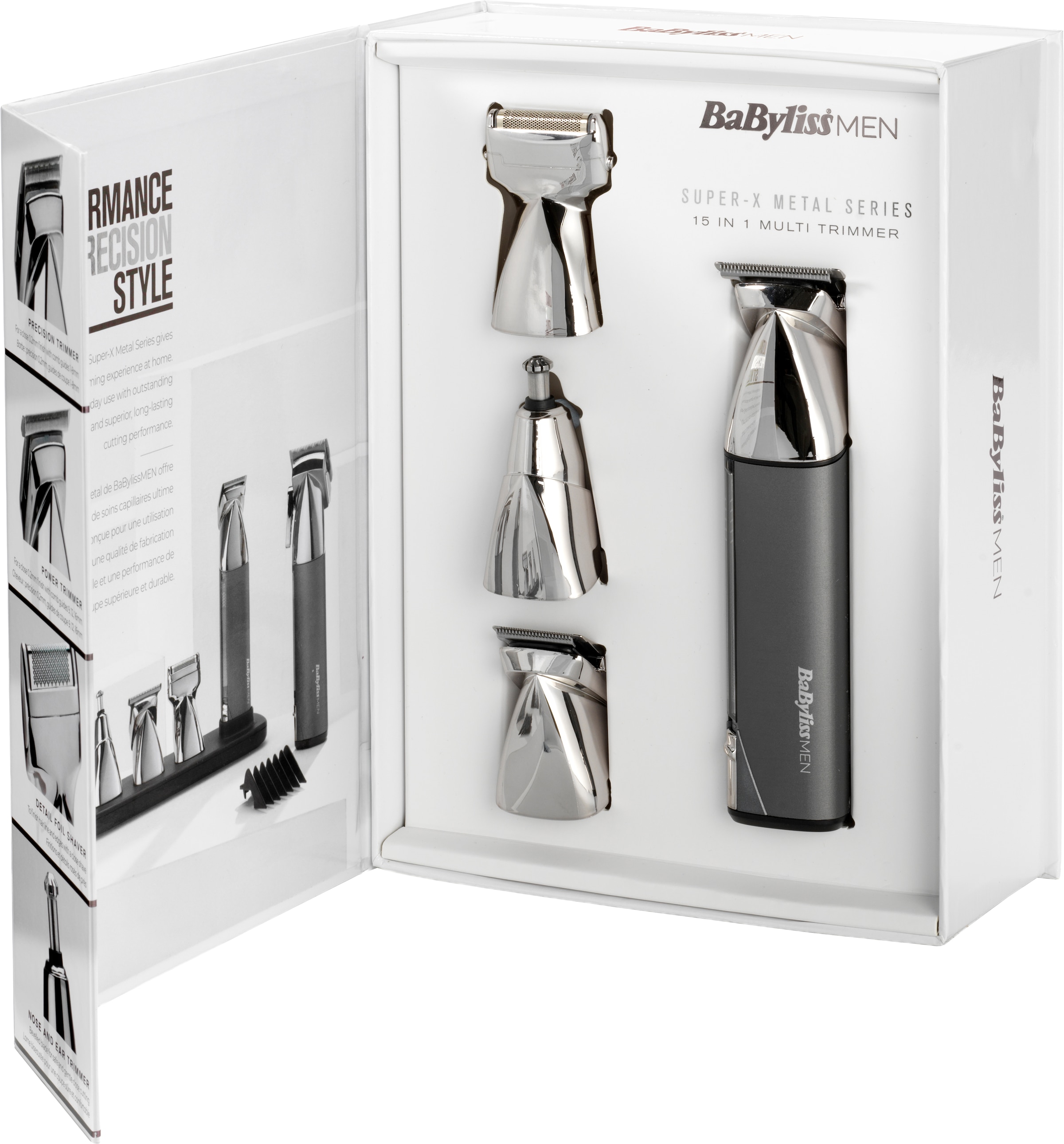 BaByliss Trimmer multifonctionnel »BaByliss Super-X Metal 15-in-1 Multitrimmer für Bart & Körper, MT996E« 4 Aufsätze 15 Aufsätze und Kammführungen, USB-Ladestation, kabellos