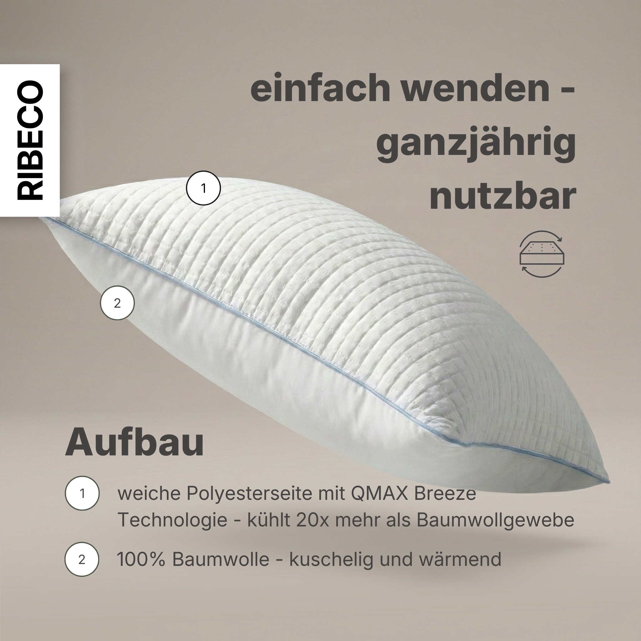 RIBECO Oreiller »Olaf, 40x80 & 80x80 cm erhältlich« Füllung: polyester 1 cuis tlg. avec face été rafraîchissante et face hiver douce !