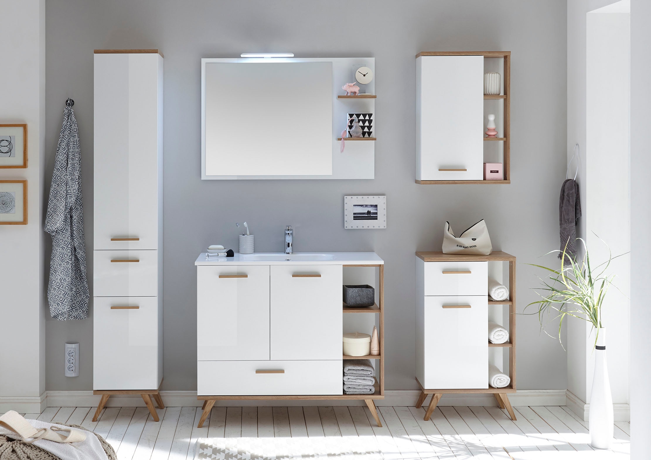 Saphir Miroir de salle de bain »Quickset 923 Spiegel 100 cm breit mit seitlicher Ablage« miroir de surface blanc brillant, imitation chêne Riviera horizontal