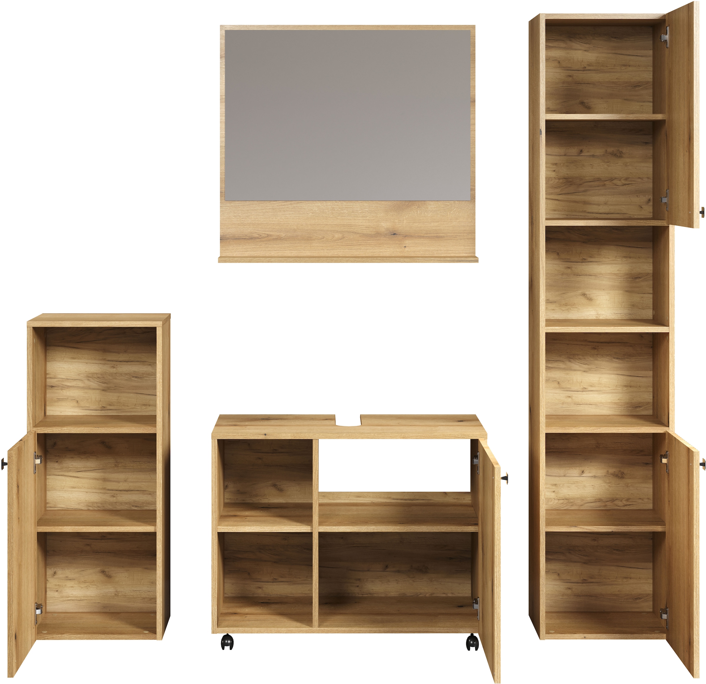 welltime Badmöbel-Set »Amrum Waschbeckenunterschrank Spiegel Hochschrank Badschrank« Komplett-Set, 4 Stk. tlg.