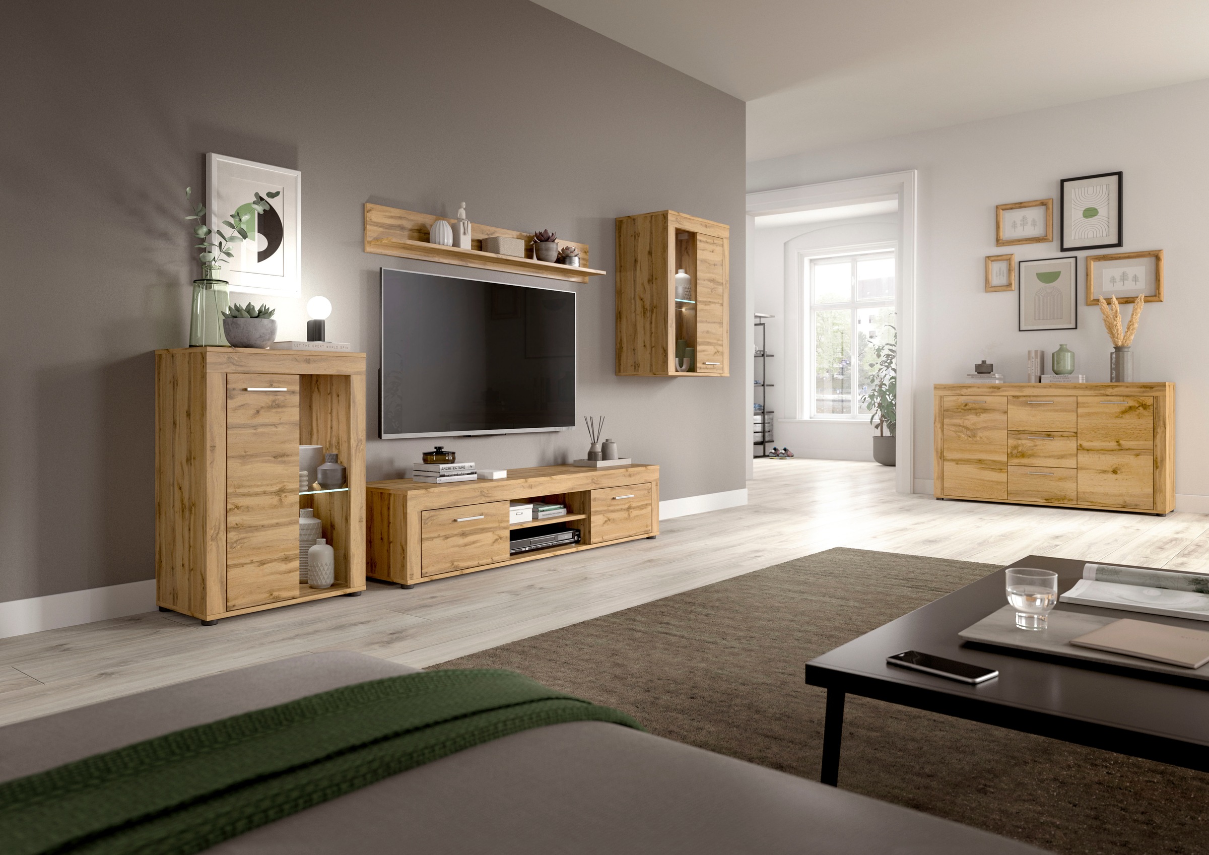 INOSIGN Wohnwand »Aosta, 4-tlg., bestehend aus: 2x Vitrine, Lowboard & Wandboard«, (4 St.), Wohnwand, Kombination, Anbauwand, Möbel Set, Schrankwand, Möbel Kombi