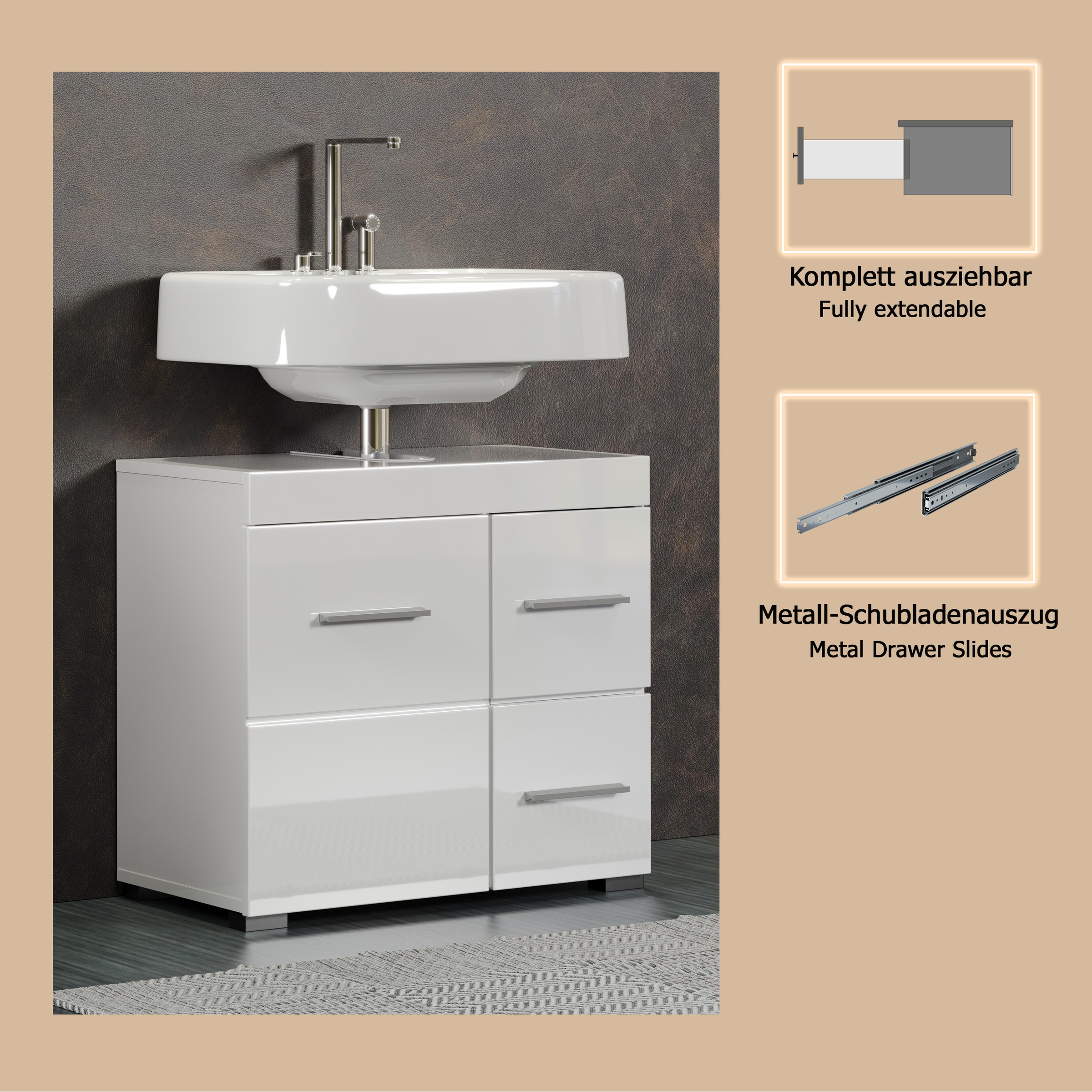 welltime Waschbeckenunterschrank »Avena« 1 Stk. tlg. Badezimmerschrank mit Tür & Schubkästen – (B/T/H) 60/34/56 cm