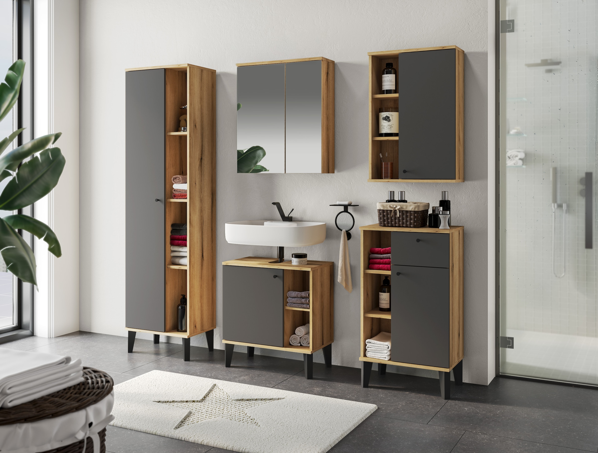 INOSIGN Badmöbel-Set »OSLO, Bad im skandinavischen Design, 5-teiliges Badezimmer« Set, 5 Stk. tlg.