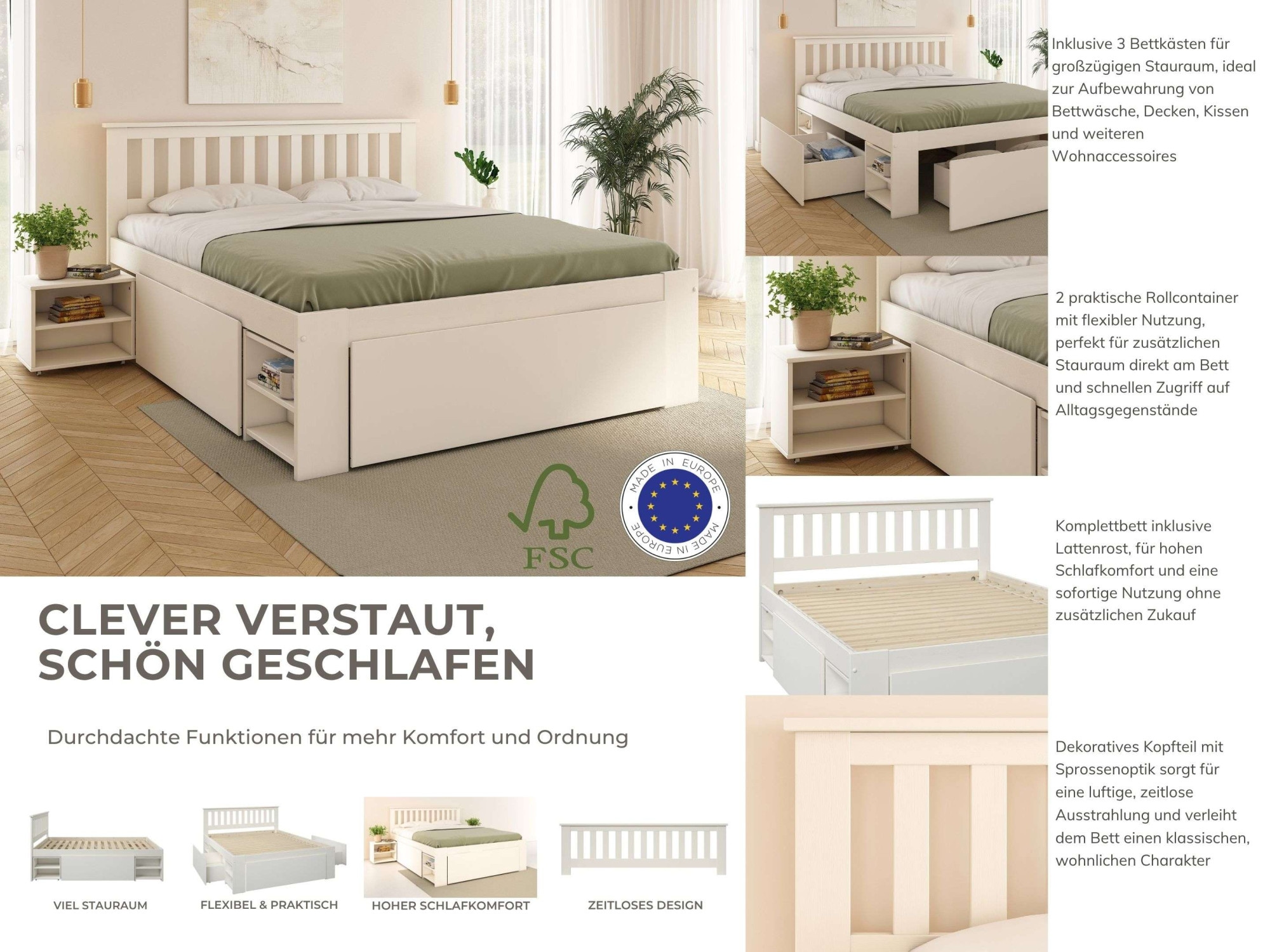 GOODproduct Massivholzbett »Kallvin, platzsparend, 3 Bettkästen, Nachtschränke ausziehbar« inklusive Lattenrost, ideal fürs Jugendzimmer und kleine Räume, FSC®