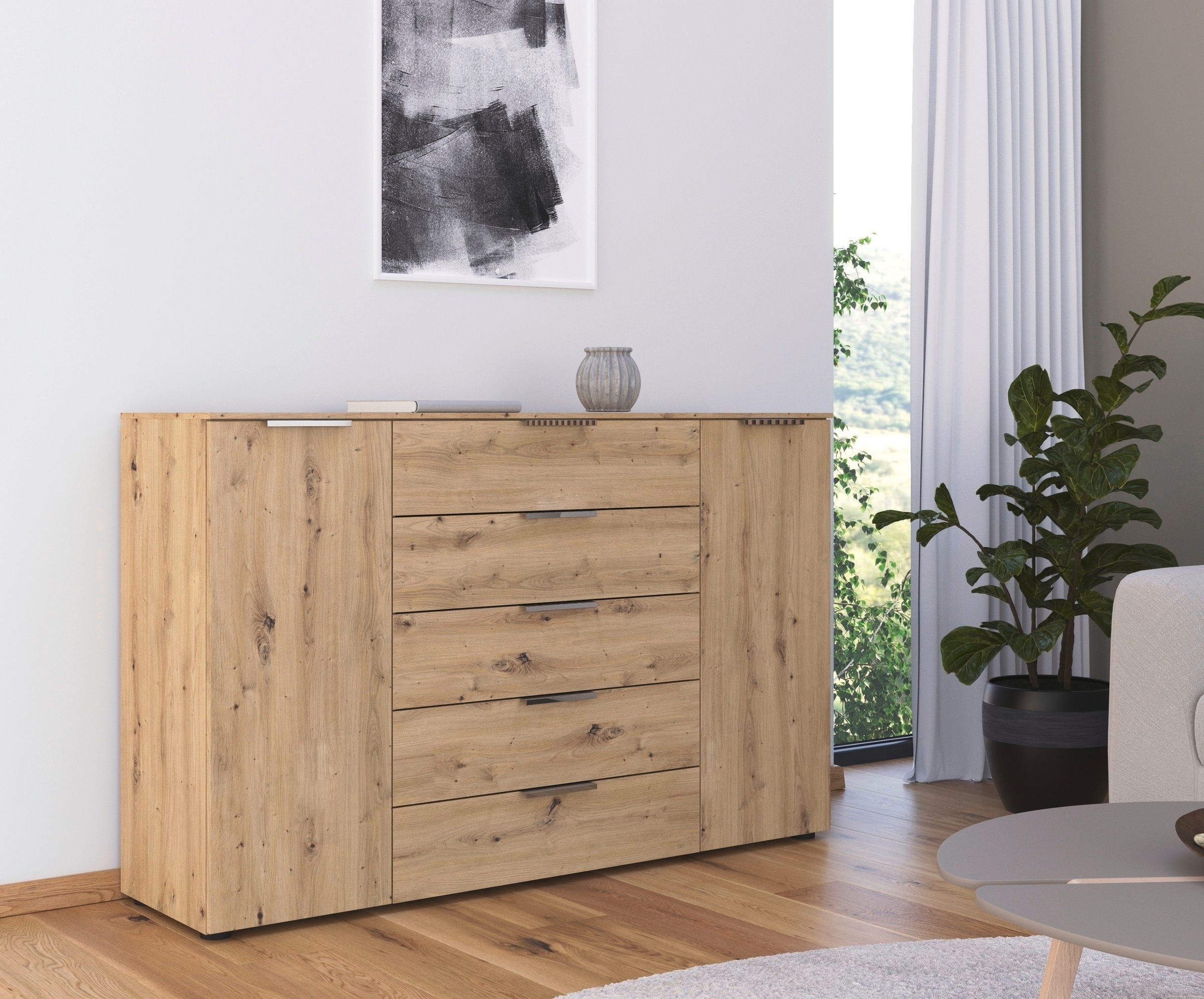 rauch Schubkastenkommode "Flipp Schubladenkommode Wäscheschrank Schrank" Breite 160/180 cm mit 4 Einlegeböden, 2-türig mit 5 Schubladen und Soft-Close-Funktion in zwei Breiten