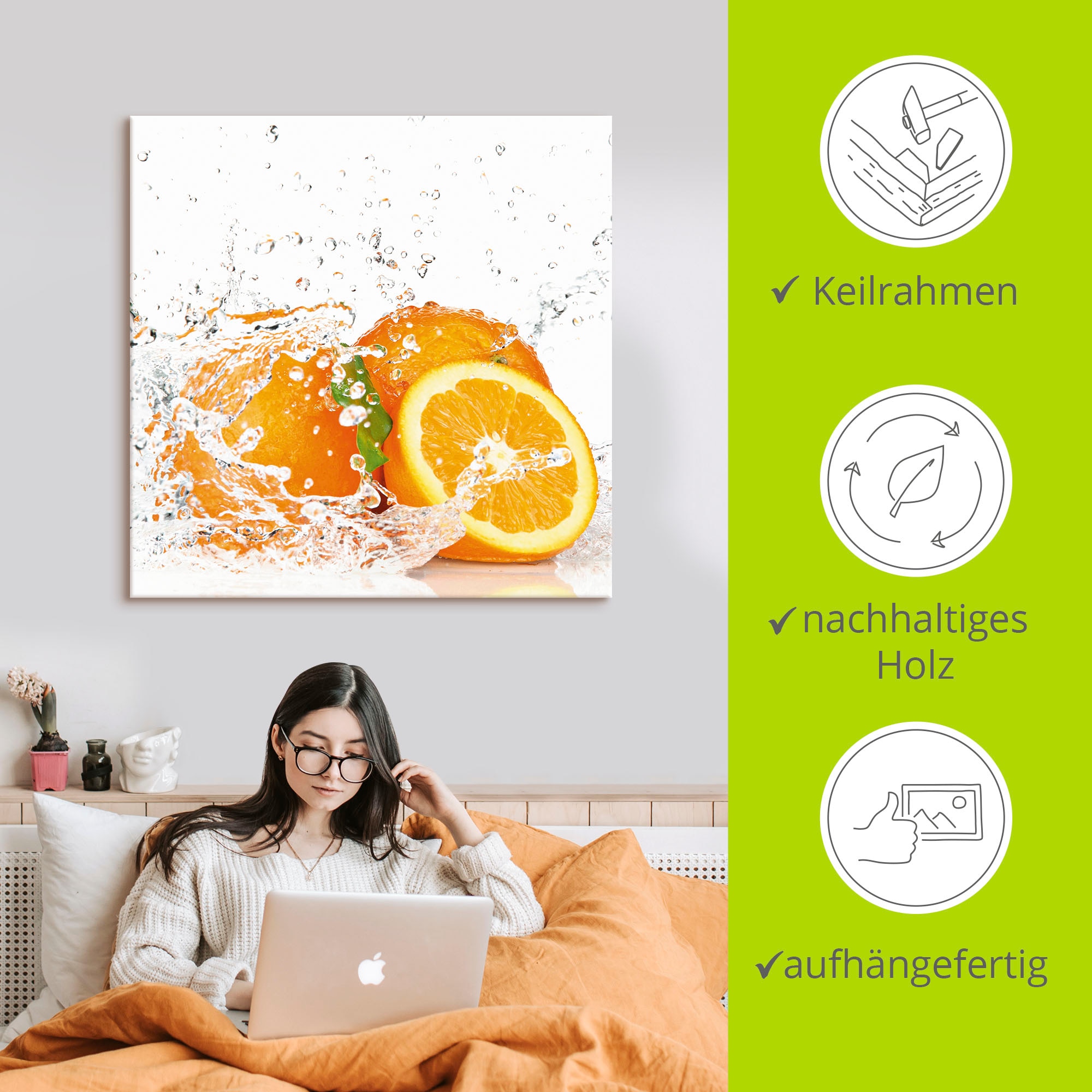 Artland Wandbild »Orange mit Spritzwasser«, Süssspeisen, (1 St.), als Leinwandbild, Poster, Wandaufkleber in verschied. Grössen