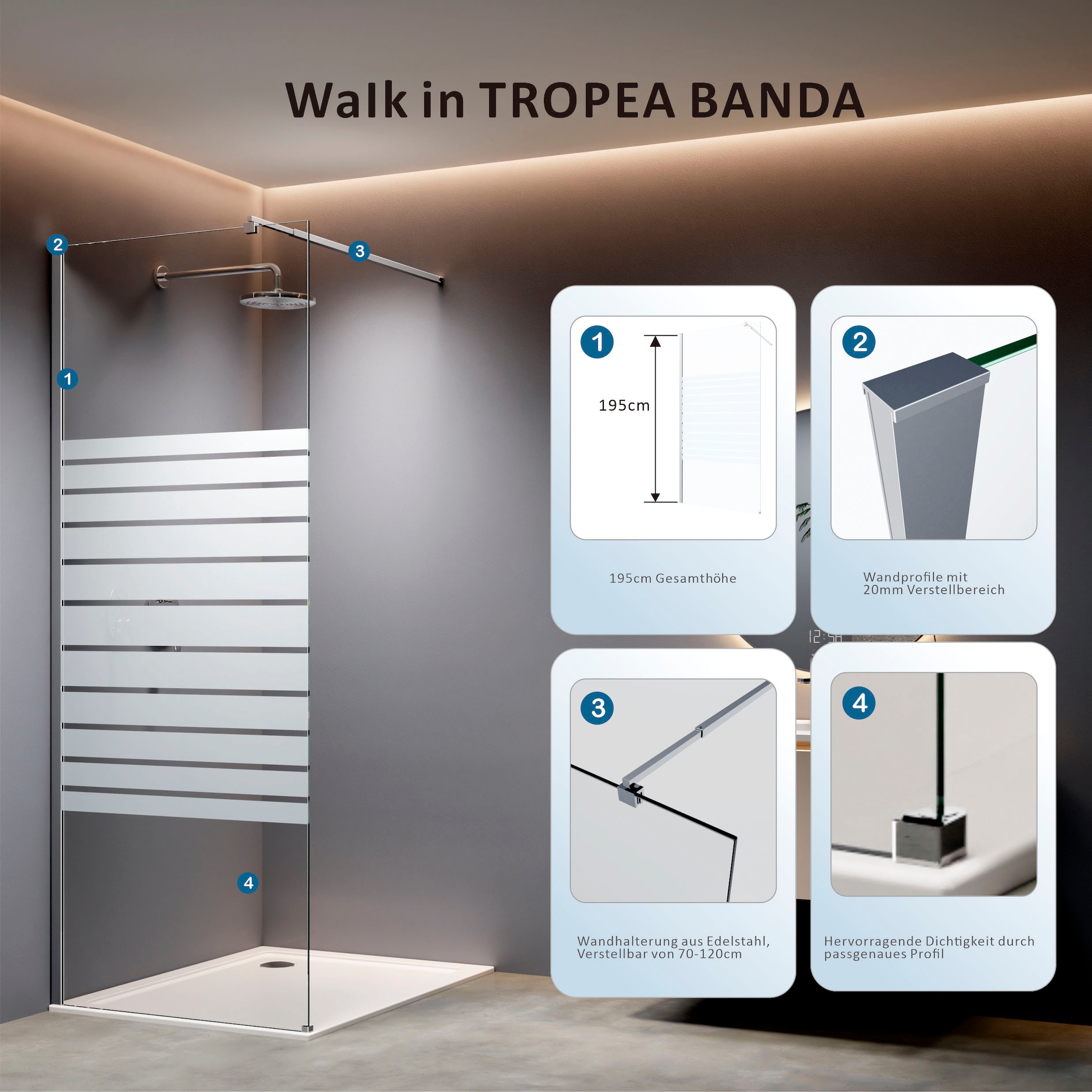 welltime Douche à l'italienne Vitre épaisse 8 mm avec décor à bandes