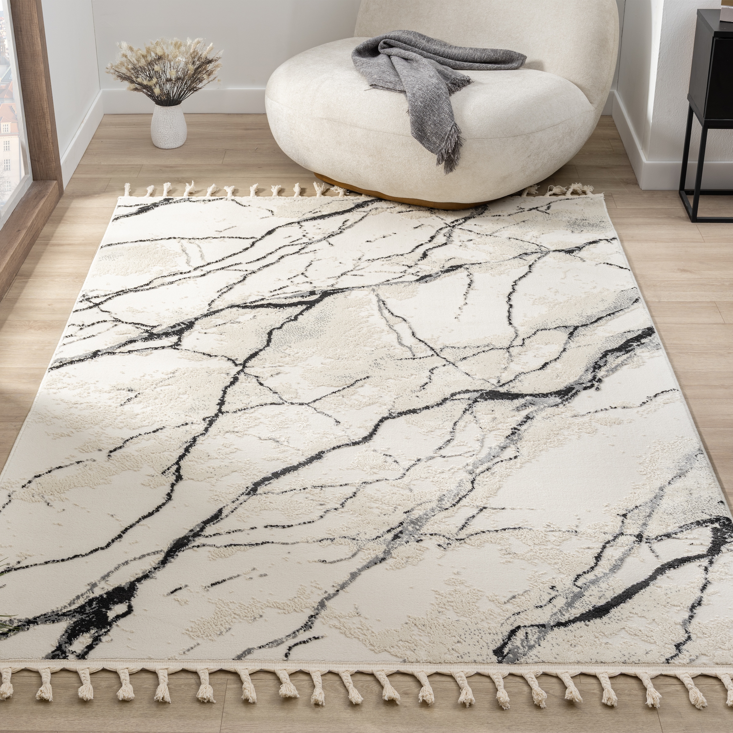 my home Teppich »Zoe, Hoch-Tief-Struktur«, rechteckig, 11 mm Höhe, mit Fransen, modernes Marmor-Design, Wohnzimmer, Schlafzimmer