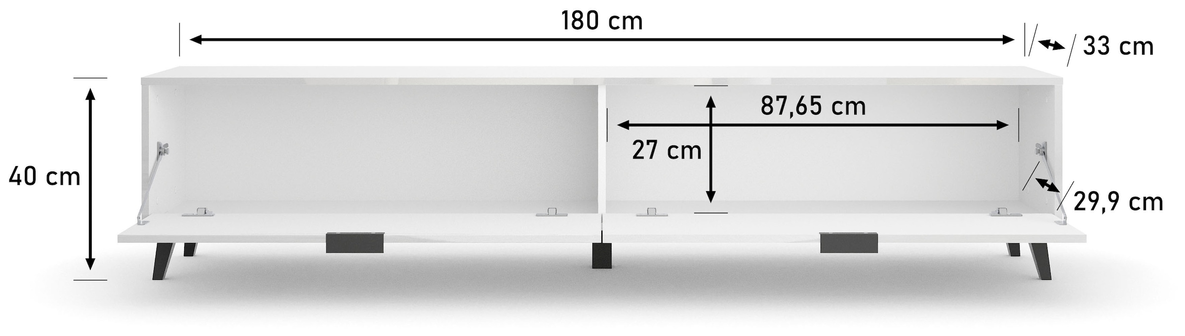 GOODproduct Table basse »Oslo, B/H/T: 180/40/33 cm« 2 rabats, poignées métalliques noires, pieds noirs