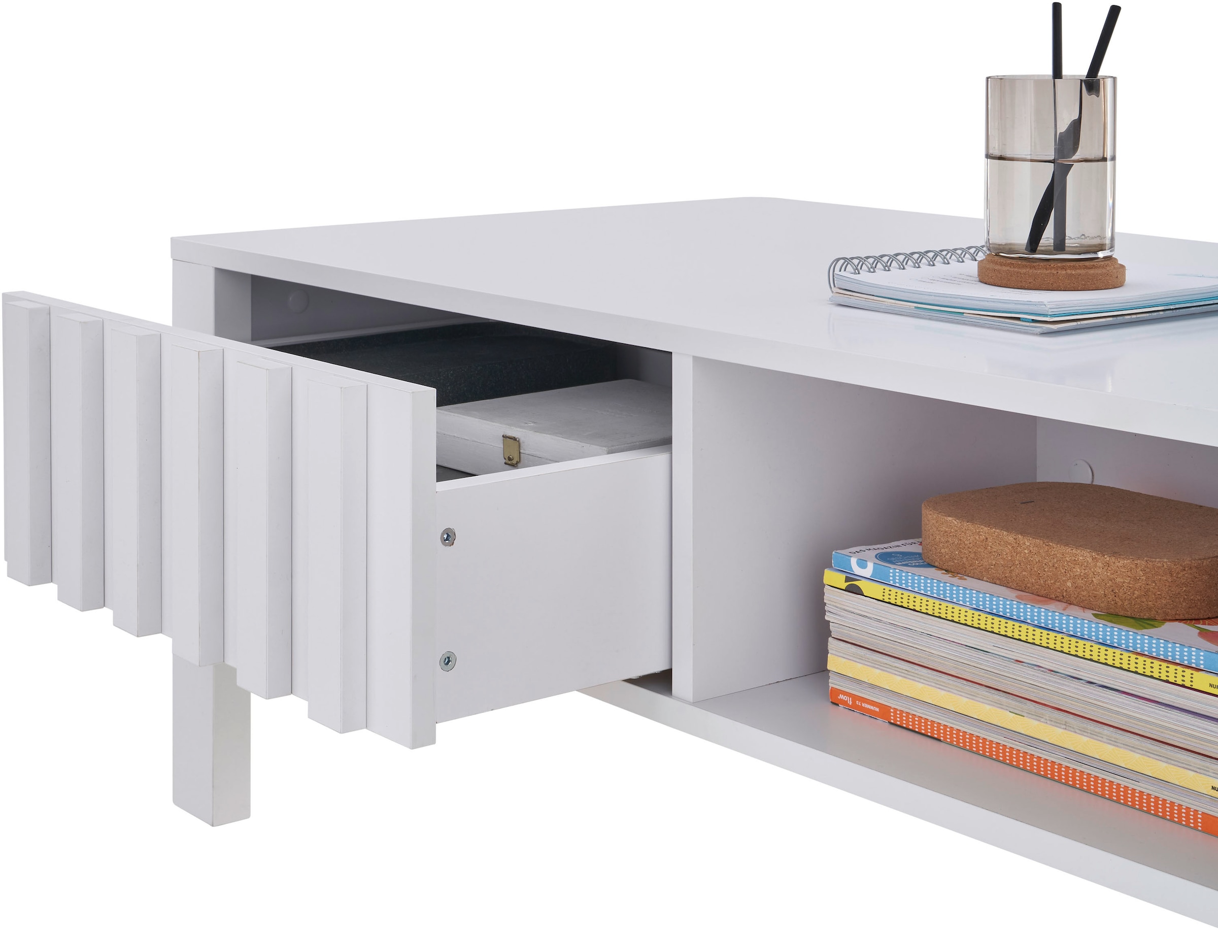 Stolkom Couchtisch »Mao weiss matt, Wohnzimmertisch, BxHxT 108x42,5x60 cm«, Lamellen Optik, 1 Schublade und 1 offenes Fach