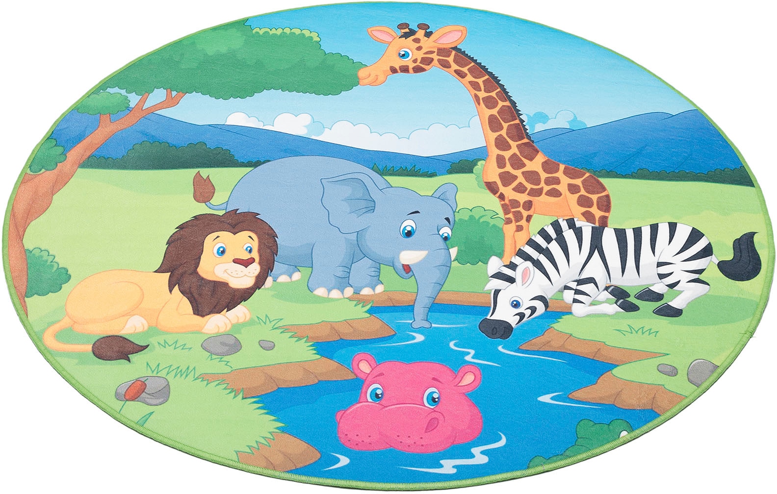 Kinderteppich »Wasserstelle«, rund, bedruckt, Motiv Zootiere, waschbar, Kinderzimmer