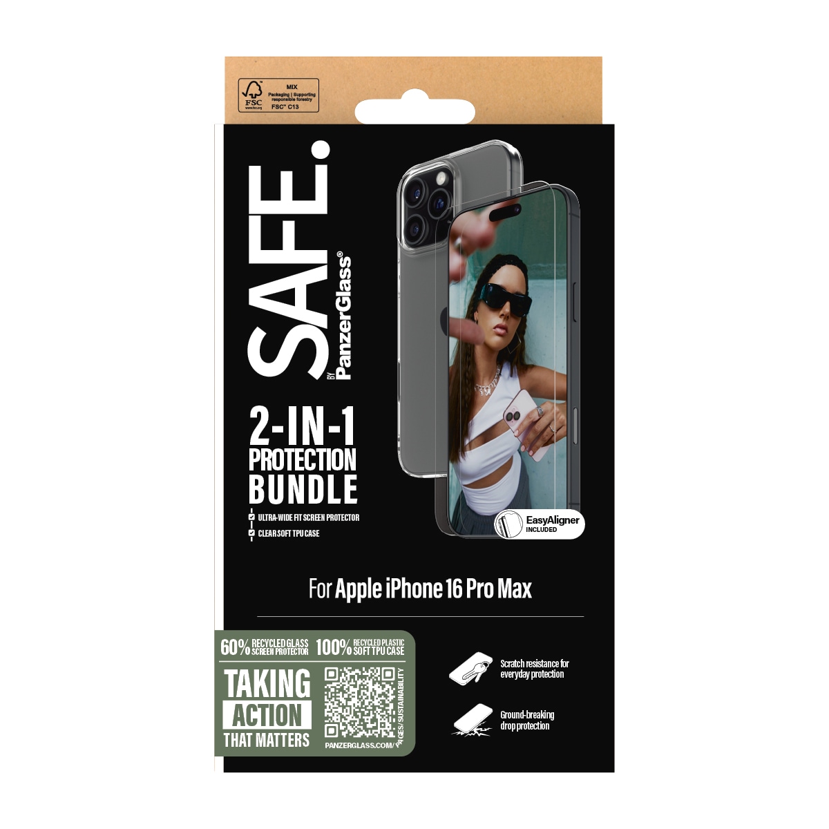 SAFE by PanzerGlass Displayschutzglas »2-in-1 Protection Bundle, Glass, Soft TPU Case«, für Apple iPhone 16 Pro Max, Displayschutzfolie, Schutzfolie, Bildschirmschutz, kratz- & stossfest
