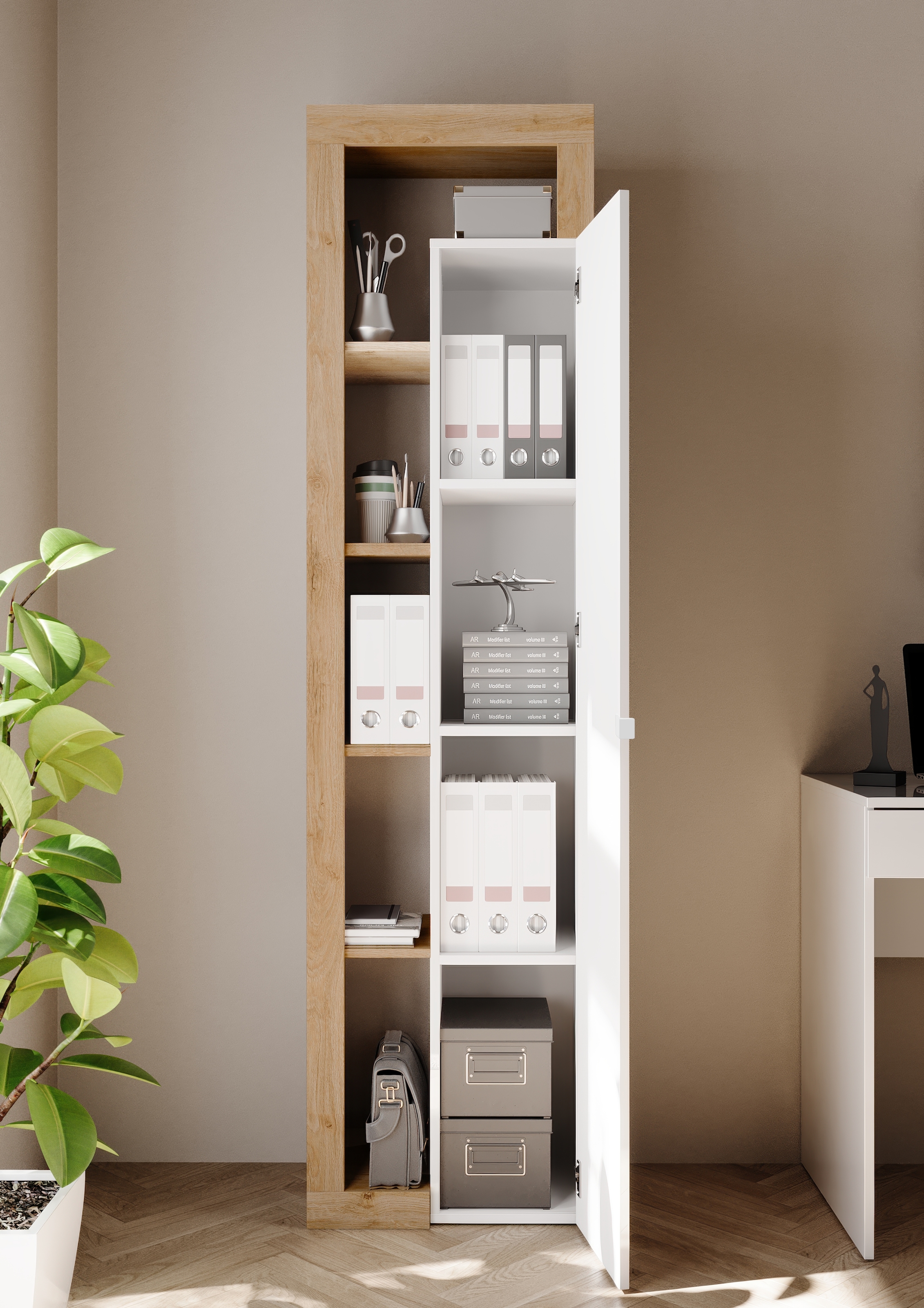 INOSIGN Aktenschrank »Hamburg Höhe 189 cm, Breite 50 cm, 1 Tür, offene Fächer, Büroschrank,« Mehrzweckschrank, dekorativer Rahmen, Metallgriff, viel Stauraum