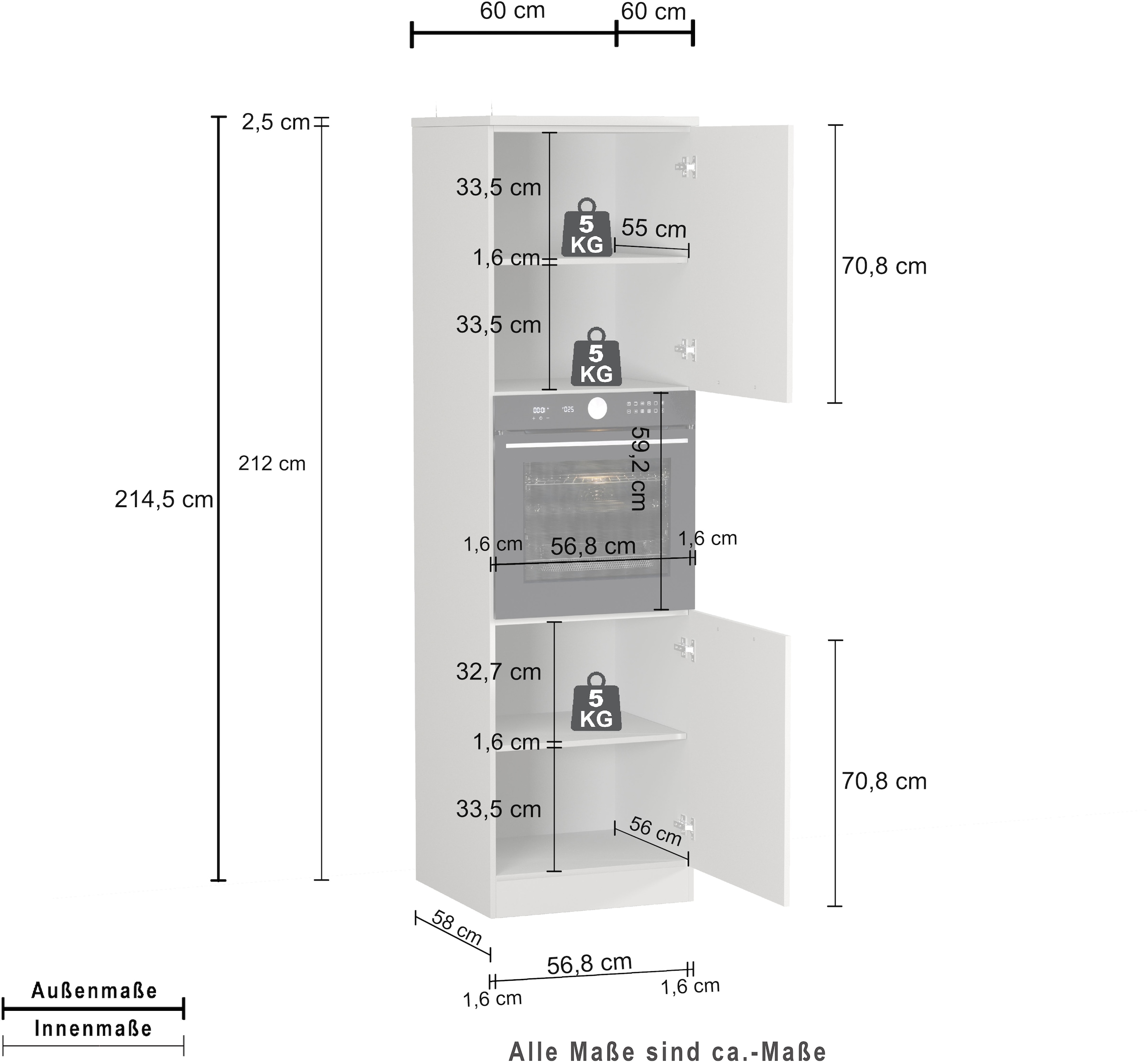 KOCHSTATION Backofenumbauschrank »Luna, Backofenschrank, Backofen-Hochschrank, Made in Italy« B/T/H: 60×60×214,5 cm, Oberplatte mit 25 mm Stärke