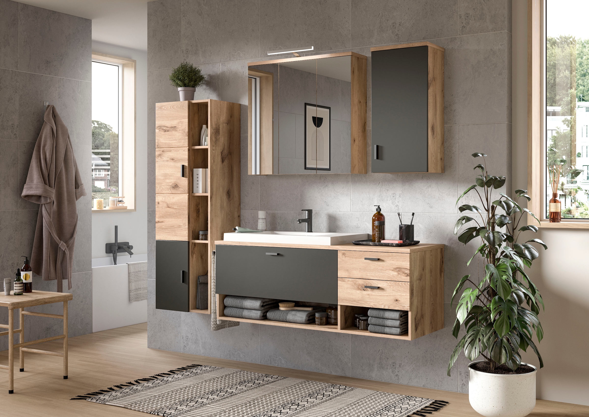 welltime Badmöbel-Set »Dolo, 4 teilig, inklusive Mineralguss-Waschbecken, bestehend aus:«, (Set, 4 St.), Waschtisch inkl. Waschbecken, Hängeschrank,Spiegelschrank, Hochschrank
