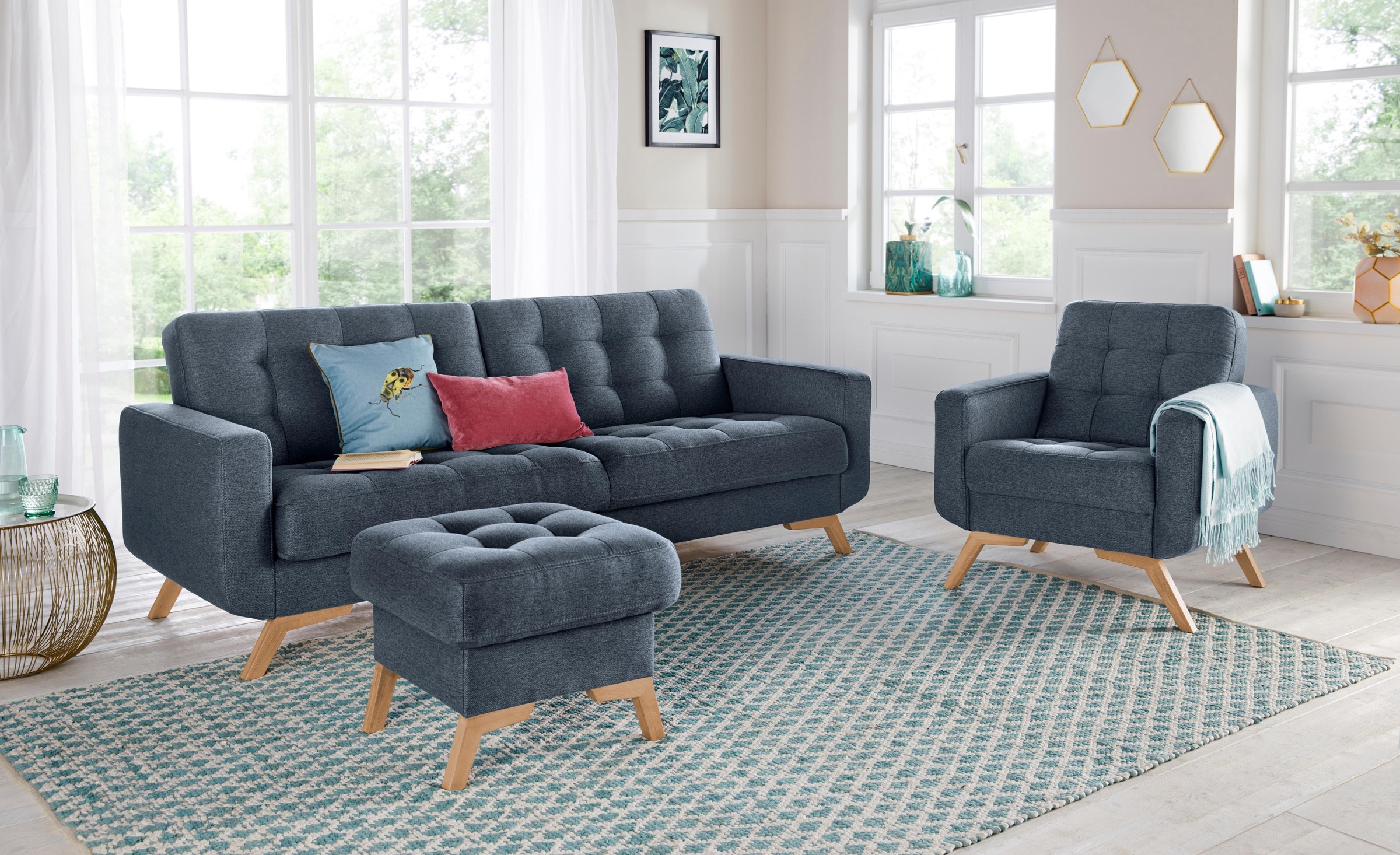exxpo - sofa fashion 3-Sitzer »Fiord, aktuelles Design, tolle Detailverarbeitung im Sitz und Rücken«, bequem, wahlweise Kippcouch mit Bettfunktion und Bettkasten, Holzfuss