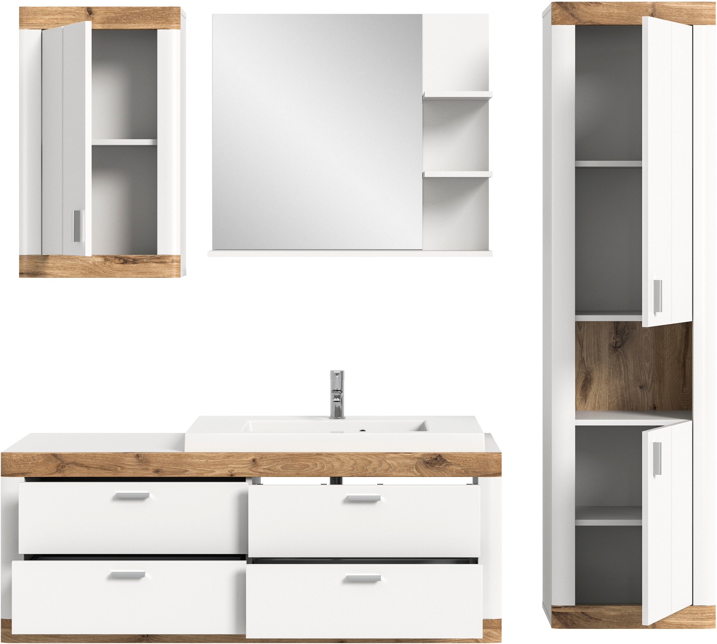 Home affaire Badmöbel-Set »Landsby, 4 teilig, inklusive Mineralguss-Waschbecken, bestehend aus:«, (Set, 4 St.), Waschtisch inkl. Waschbecken, Hängeschrank, Badspiegel, Hochschrank