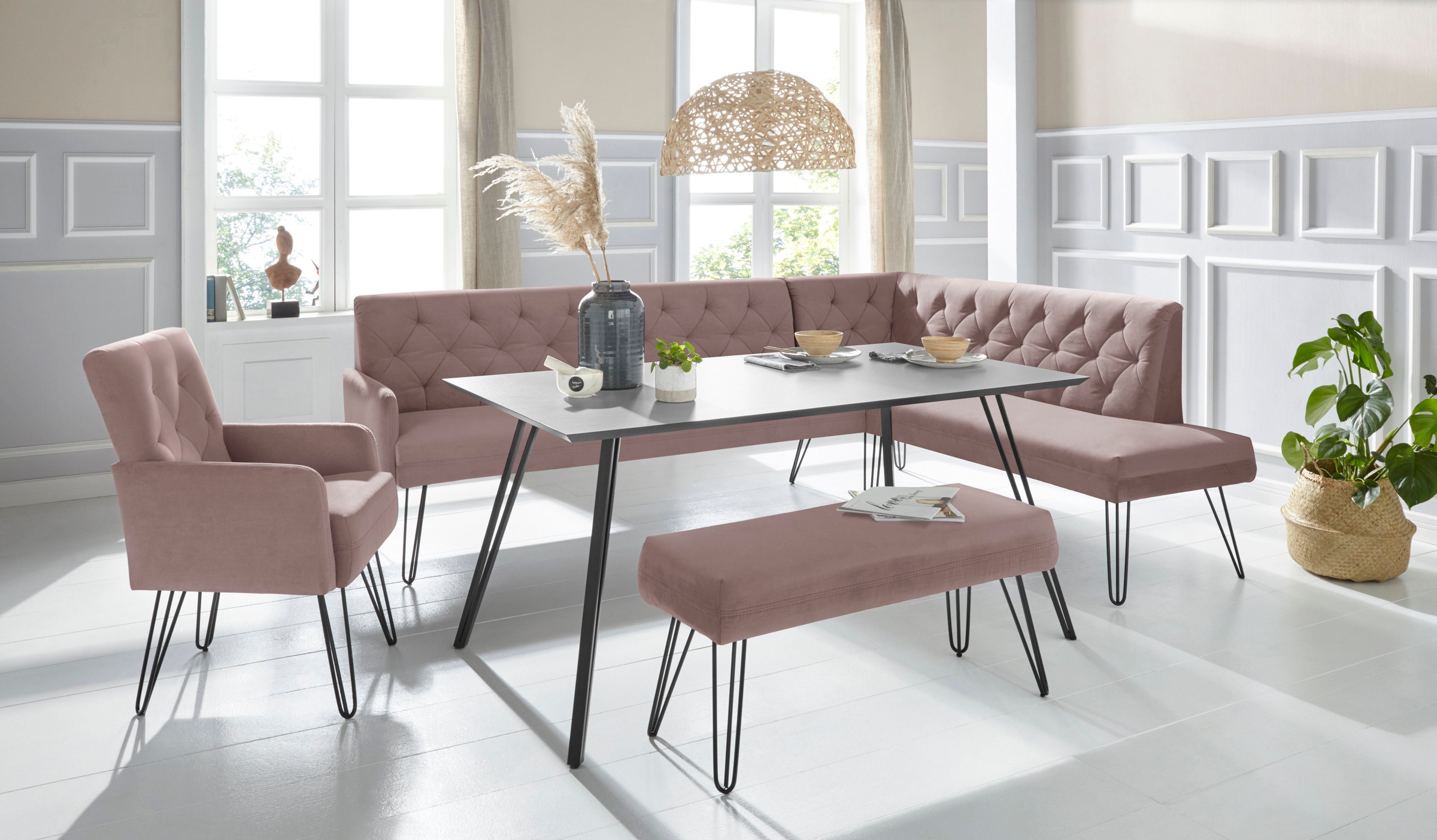 exxpo - sofa fashion Eckbank »Doppio, Chesterfield Optik, komfortabel und bequem, hohe Designfüsse« Frei im Raum stellbar