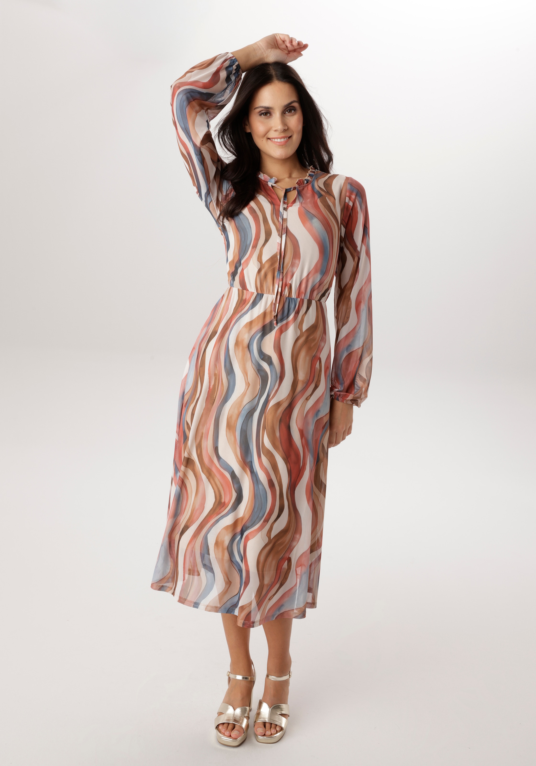 Image of Aniston SELECTED Midikleid V-Ausschnitt mit Rüschen und Bindebändern - NEUE KOLLEKTION